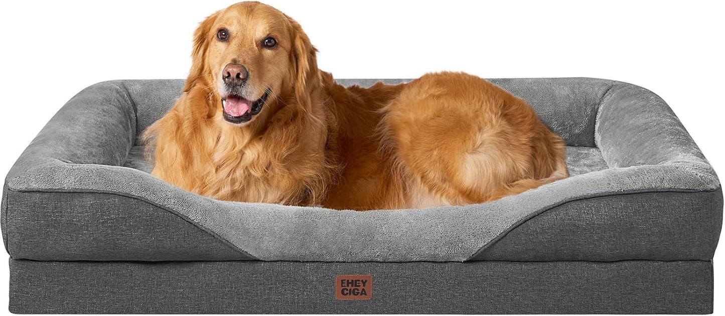 EHEYCIGA Memory Foam XL Dog Bed for XLarge Sized, Extra Large Orthopedic Dog Sofa with Sides and Waterproof Liner, Washable Bolster Pet Couch with Removable Cover, 48x35x7.5 Inch, Grey