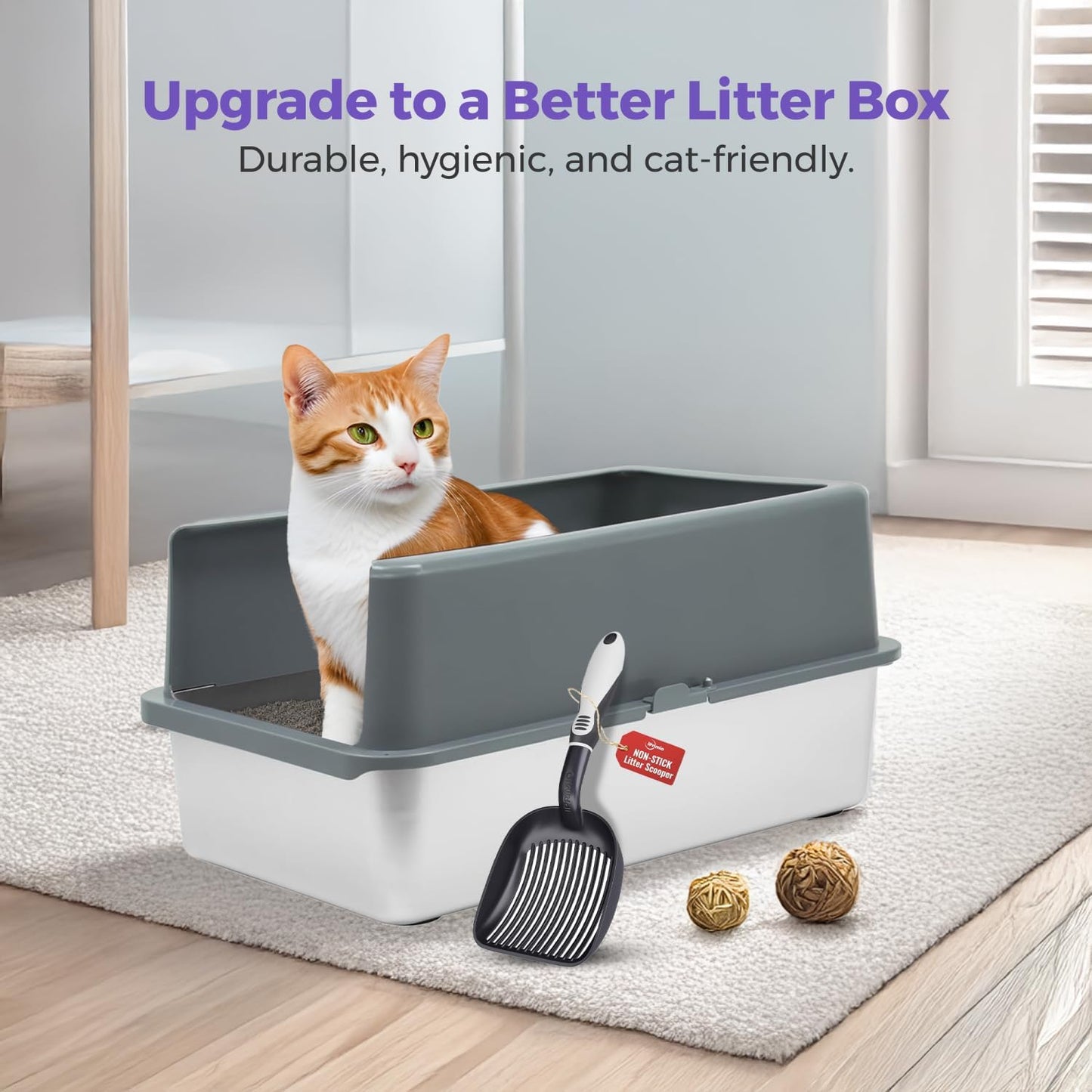 iPrimio - Stainless Steel Litter Box for Cats - Enclosed Sides and Easy to Clean - Includes High-Sided Litter Box, Scooper for Extra Litter Scatter Protection - XL Size for Big Cats - 23.5"x15.5"x6"