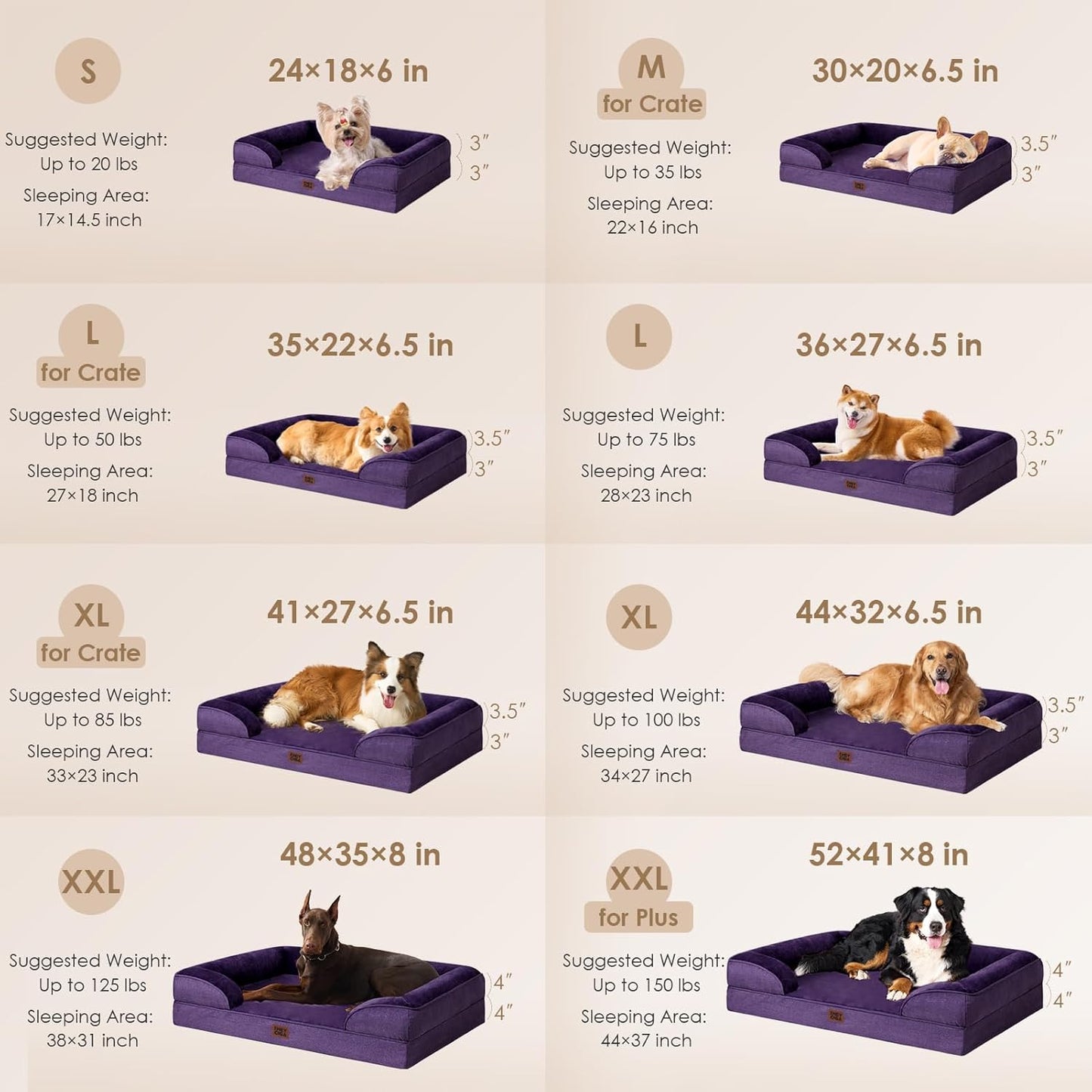 EHEYCIGA Orthopedic Dog Beds for Extra Large Dogs, Waterproof Memory Foam XL Pet Bed with Sides, Non-Slip Bottom and Egg-Crate Foam Big Dog Couch Bed with Washable Removable Cover, Purple