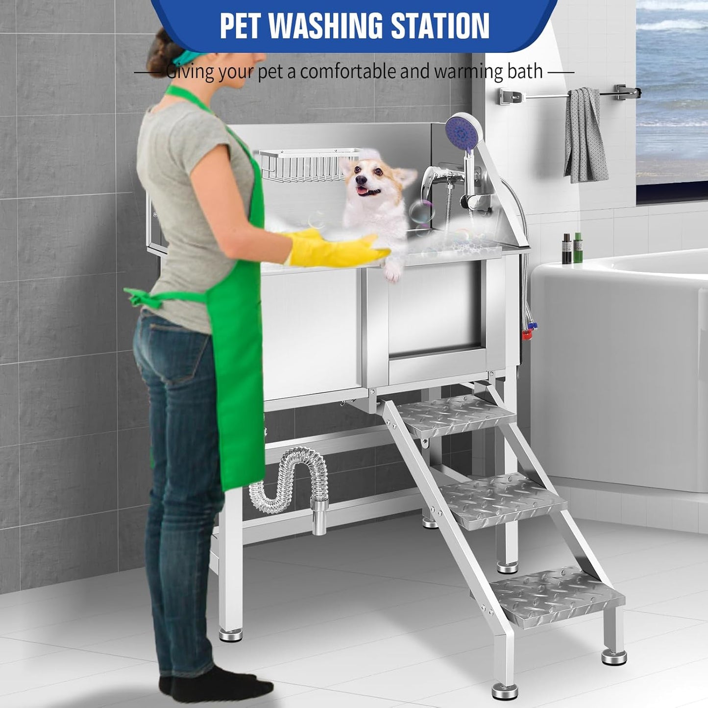 Professional Stainless Steel Dog Grooming Bathtub Station Wash Shower Sink with Faucet Walk-in Ramp and Accessories Pet Grooming Bathtub Station,34" R-RAMP