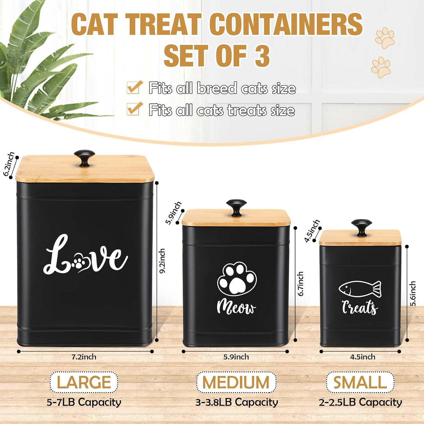 Metal Airtight Cat Food Containers Set of 3 with Bamboo Lids and Spoon 7+3+2 Lbs Cat Treat Storage Container Countertop with DIY Labels Pet Cookie Organizer Jars for Kitchen Counter(Black)