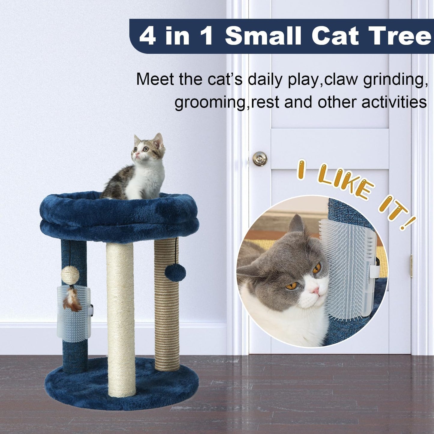 MECOOL Cat Scratching Post Tree with Tower Soft Bed.Natural Quality Sisal Carpet Jute Scratch Posts with Three Hanging Ball Toys and Massage Brush for Indoor Cats and Kittens Blue