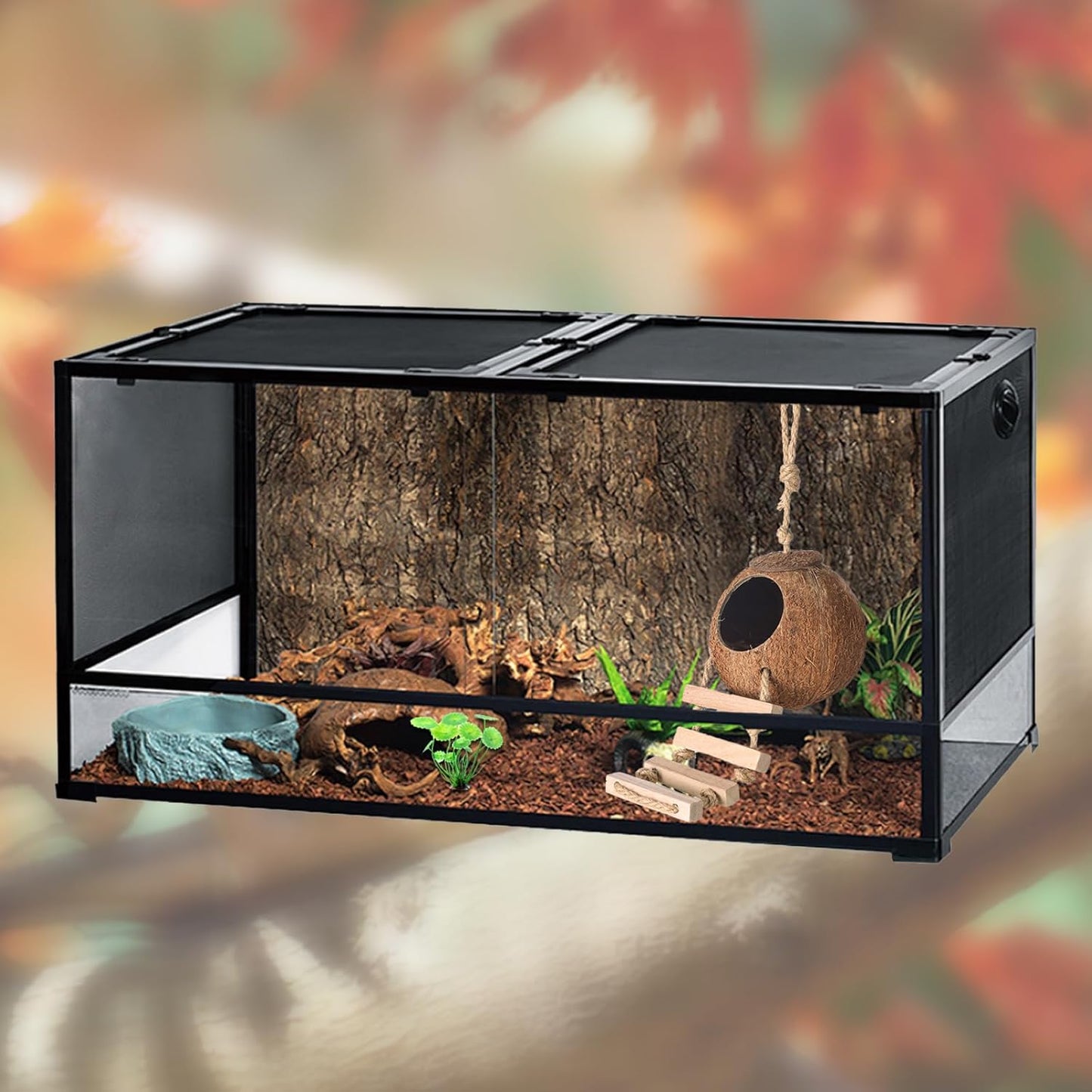 HERCOCCI Gecko Tank Accessories, Hermit Crab Toys Coconut Shell Natural Coconut Husk Hut with Climbing Ladder with Suction Cup for Leopard Gecko Snake Reptiles