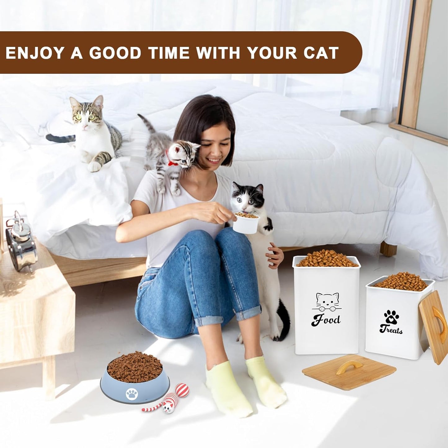 Cat Food Storage Container with Scoop, 2PCS Cat Food Storage Container with Lids Airtight, Cat Treat Jars for Kitchen Counter-7+3Lbs, Cat Cookie Jar for Storage, White