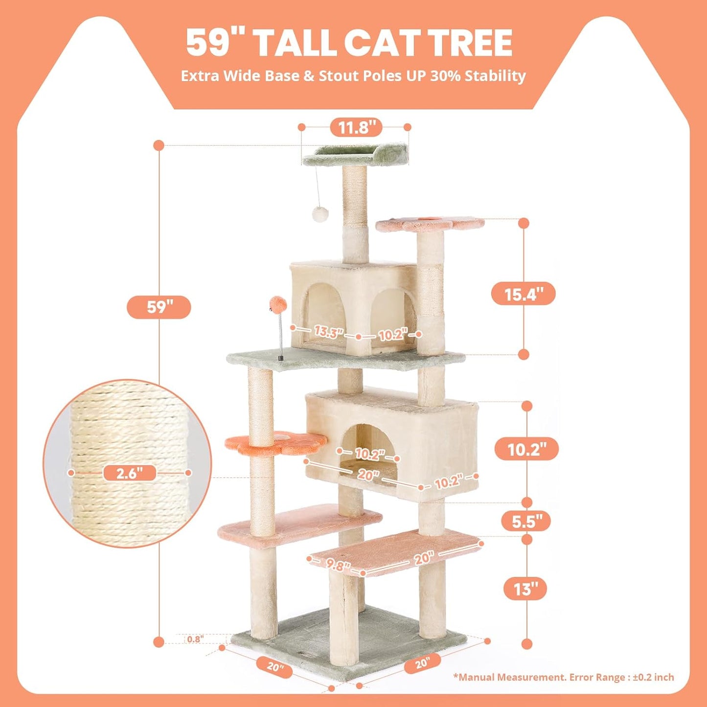 HYABi 59 Inch Flower Cat Tree Tower - Multi-Level Cat Condo with Plush Scratching Posts, Toy Balls, and Pet House, Indoor Play Platform for Large Adult Cats, Stylish Color Design