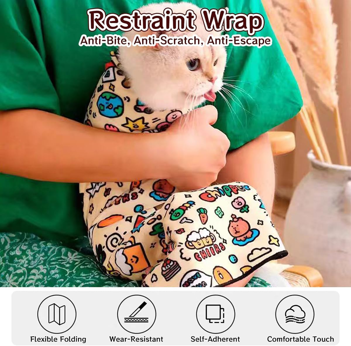 MANON ROSA Cat Grooming Wrap – Self-Adherent Anti-Scratch Swaddle Restraint Bag for Nail Cutting, Medication, Multifunctional Care - Calm Cozy Burrito Papoose Pet Magic Blanket (S Within 3.3lbs)