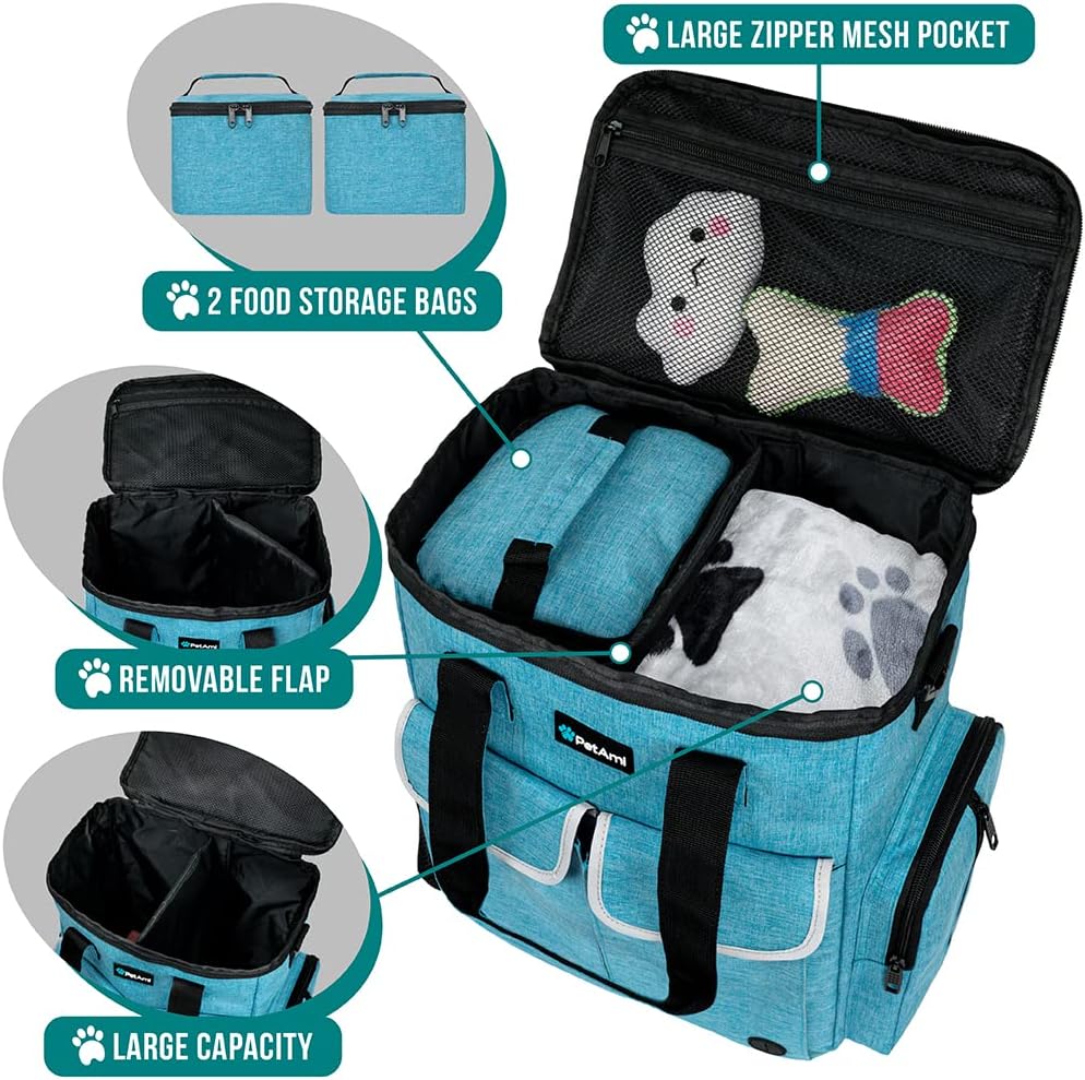PetAmi Dog Travel Bag Pet Supplies Accessories Organizer for Traveling, Camping, Weekend; Cat Pet Travel Bag Kit Includes 2 Food Storage Containers, 2 Collapsible Bowls, 1 Feeding Mat (Teal Blue)