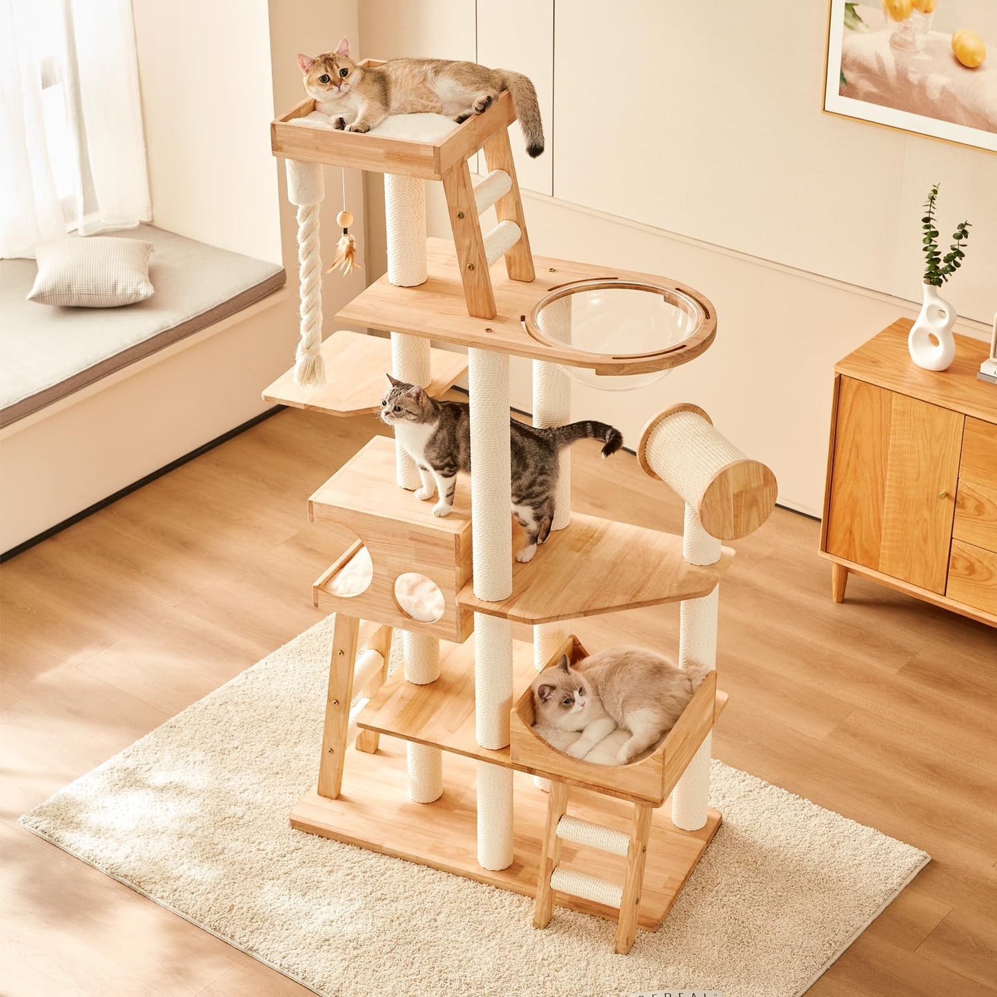 Wood Cat Tree for Indoor Cats, Modern Cat Tower, Unique Cat Condo with House, Tall Luxury Furniture with Heavy Duty Wide Base, Kraft Paper Rope Scratching Post, Removable Cushion (74.8-inch)