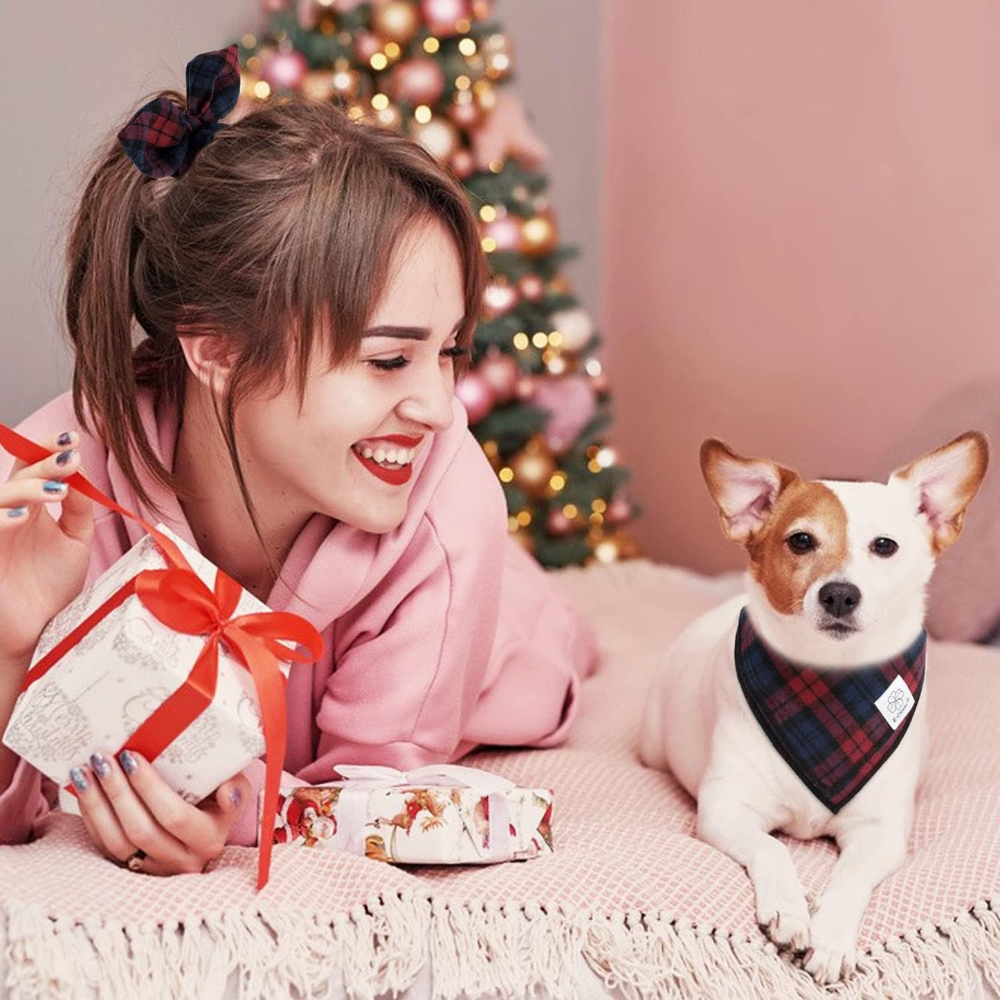 E-Clover Dog Bandanas & Matching Scrunchie Set Plaid Dog Scarf Bibs Pet Handkerchief for Small Dogs Puppy Owner Gifts Red Blue