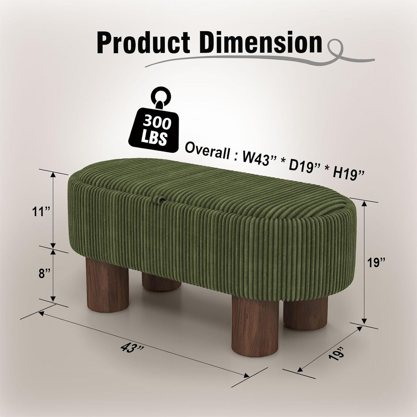 Bench with Storage 43 inch, Upholstered Corduroy Farbic Green Oval Footrest with Hidden Storage, Stool Modern Design Legs for Bedroom, Living Room, and Entryway Furniture Ottoman