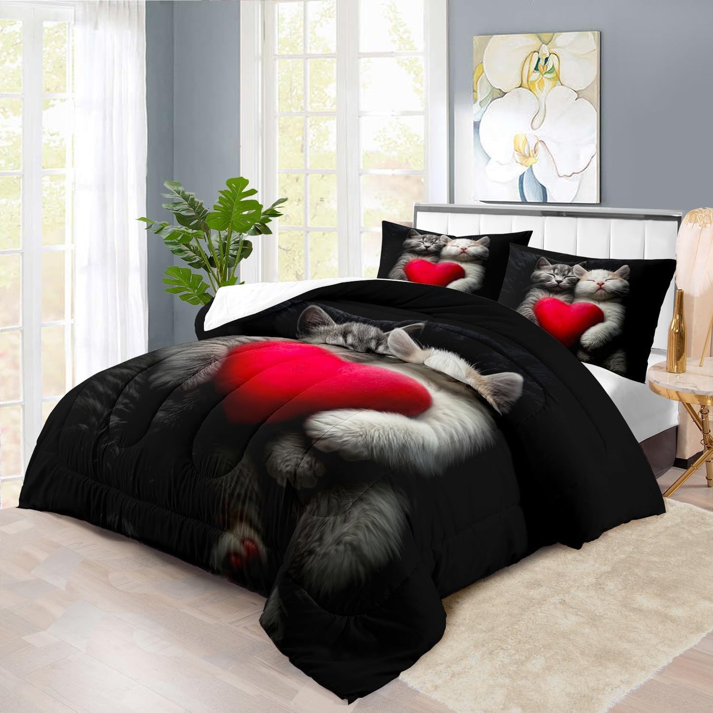 Cute Cat Comforter Set Twin,Kawaii Cat Bedding Set for Girls,Cute Animal Comforter Red Love Heart Bedding Decor,Kawaii Farm Animal Quilt Patterns Kids and Adults