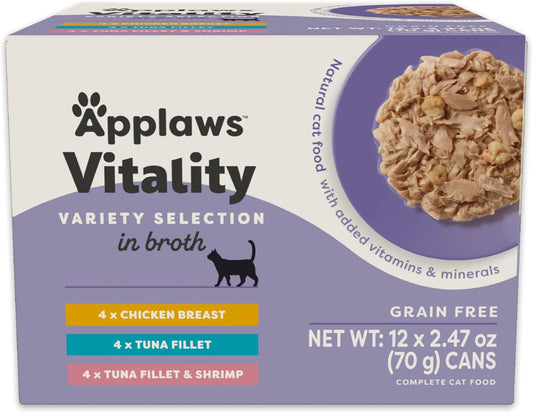 Applaws Vitality Wet Cat Food in Broth, Natural Canned Cat Food, Wet Food for Cats with Added Vitamins and Minerals, Grain Free, Carrageenan Free, Variety Selection in Broth (12 Count, 2.47 oz Cans)