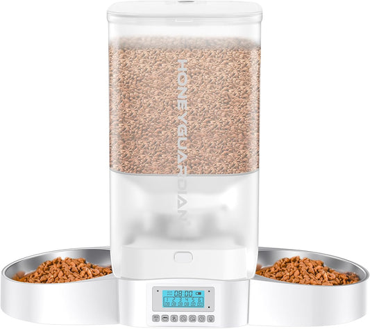 HoneyGuaridan Automatic Cat Feeder for Two Cats,5L Cat Food Dispenser with Stainless Steel Bowl,Timed Feeder Programmable 1-6 Meals Control, Dual Power Supply,Desiccant Bag,10s Meal Call White