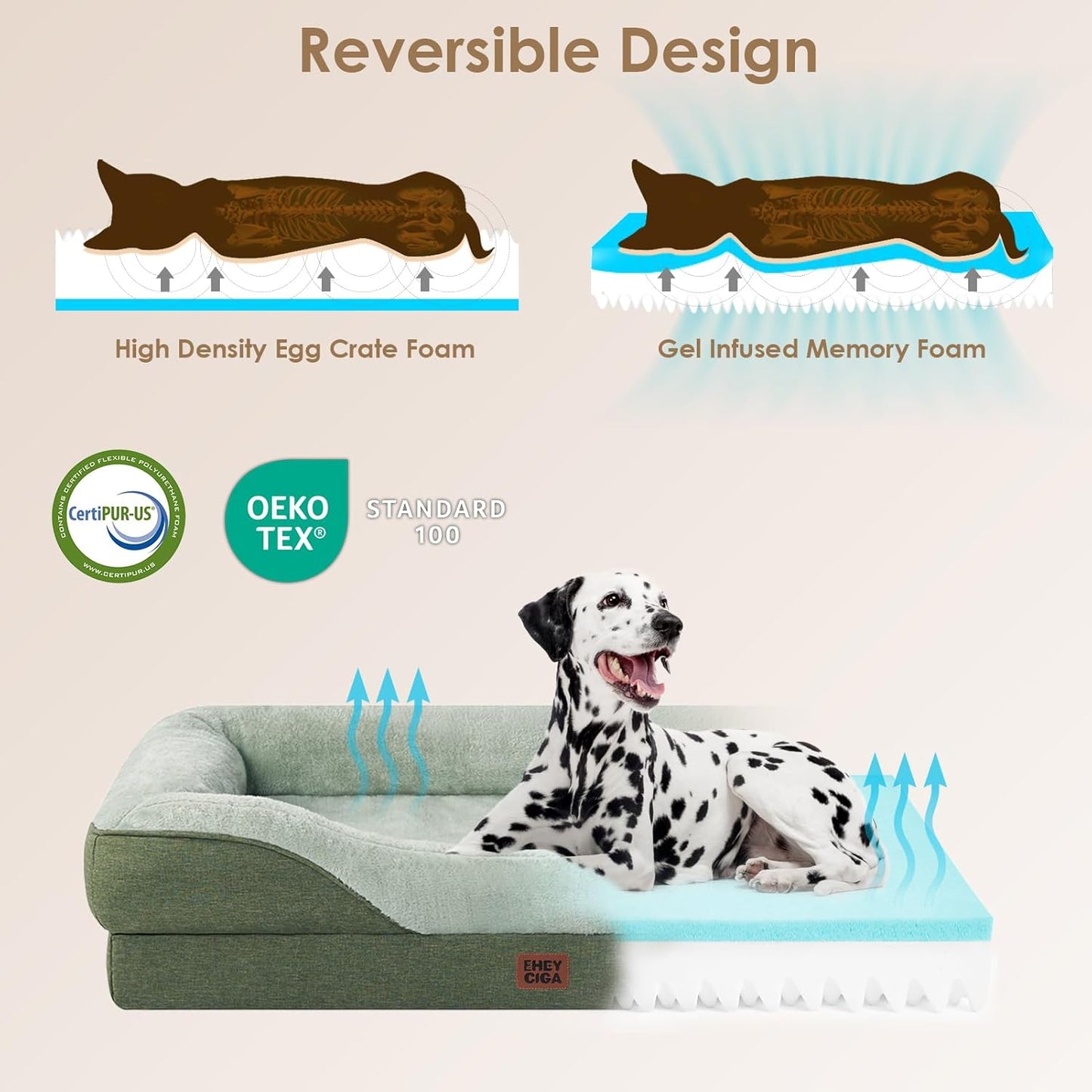 EHEYCIGA Memory Foam XXL Dog Bed for XLarge Sized, Extra Large Orthopedic Dog Sofa with Sides and Waterproof Liner, Washable Bolster Pet Couch with Removable Cover, 52x41x8 Inch, Green