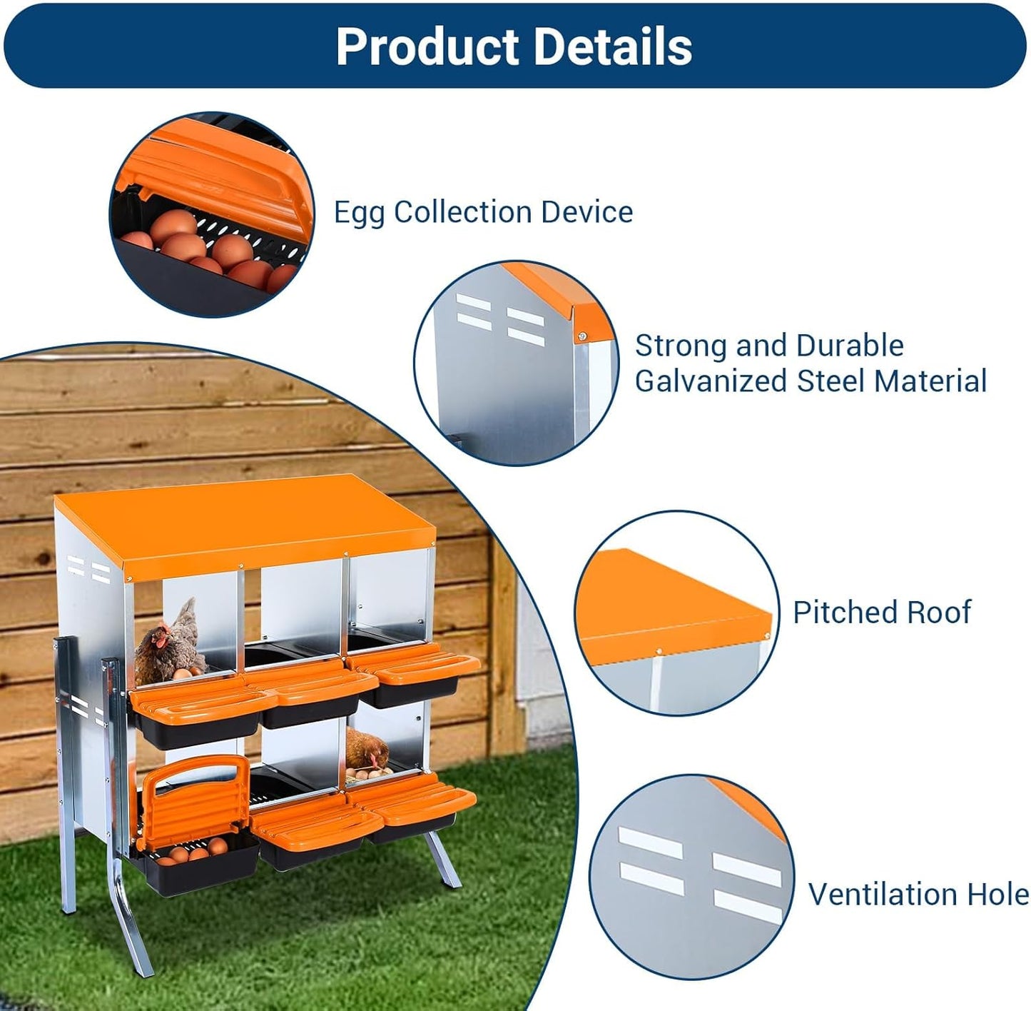 Chicken Nesting Box, 6 Hole 2 Layer Hen Nest Boxes with Legs, Roll Away Eggs Laying Boxes,Cleanable Pull Out Hen Roosting Boxes