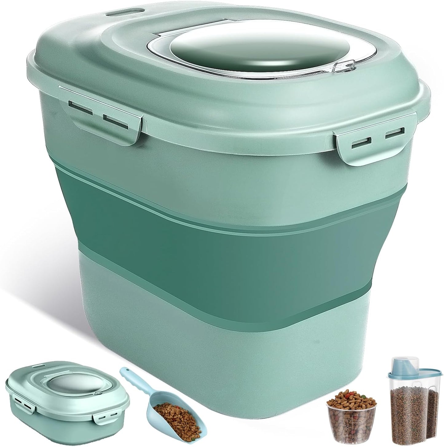 ANVS Dog Food Storage Container-Up to 30Lbs Collapsible Dog Food Container with Airtight Lids, Scoop and 2.5L Small Pet Food Storage Container Dry Food For Dog, Cat and Other Pet Food (Green)