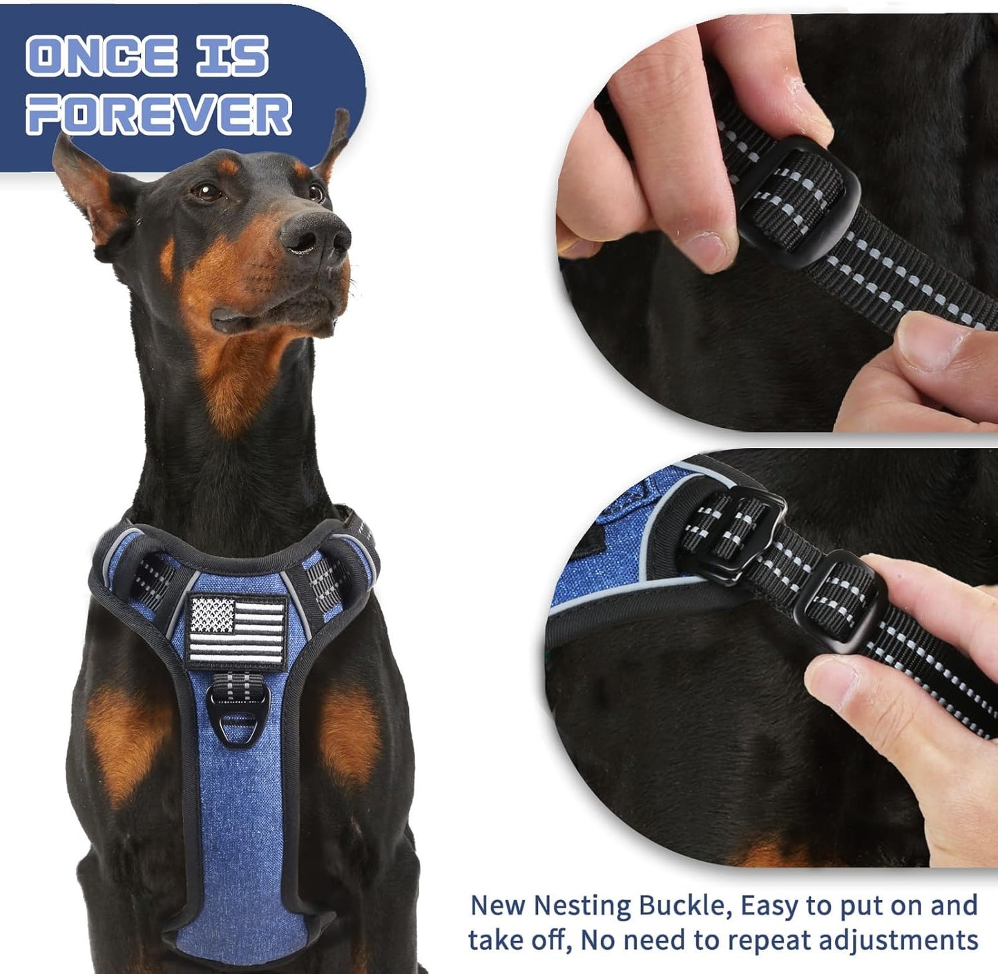 BUMBIN Tactical Dog Harness for Medium Dogs No Pull, Famous TIK Tok No Pull Puppy Harness, Fit Smart Reflective Pet Walking Harness for Training, Adjustable Dog Vest Harness with Handle Denim Blue M