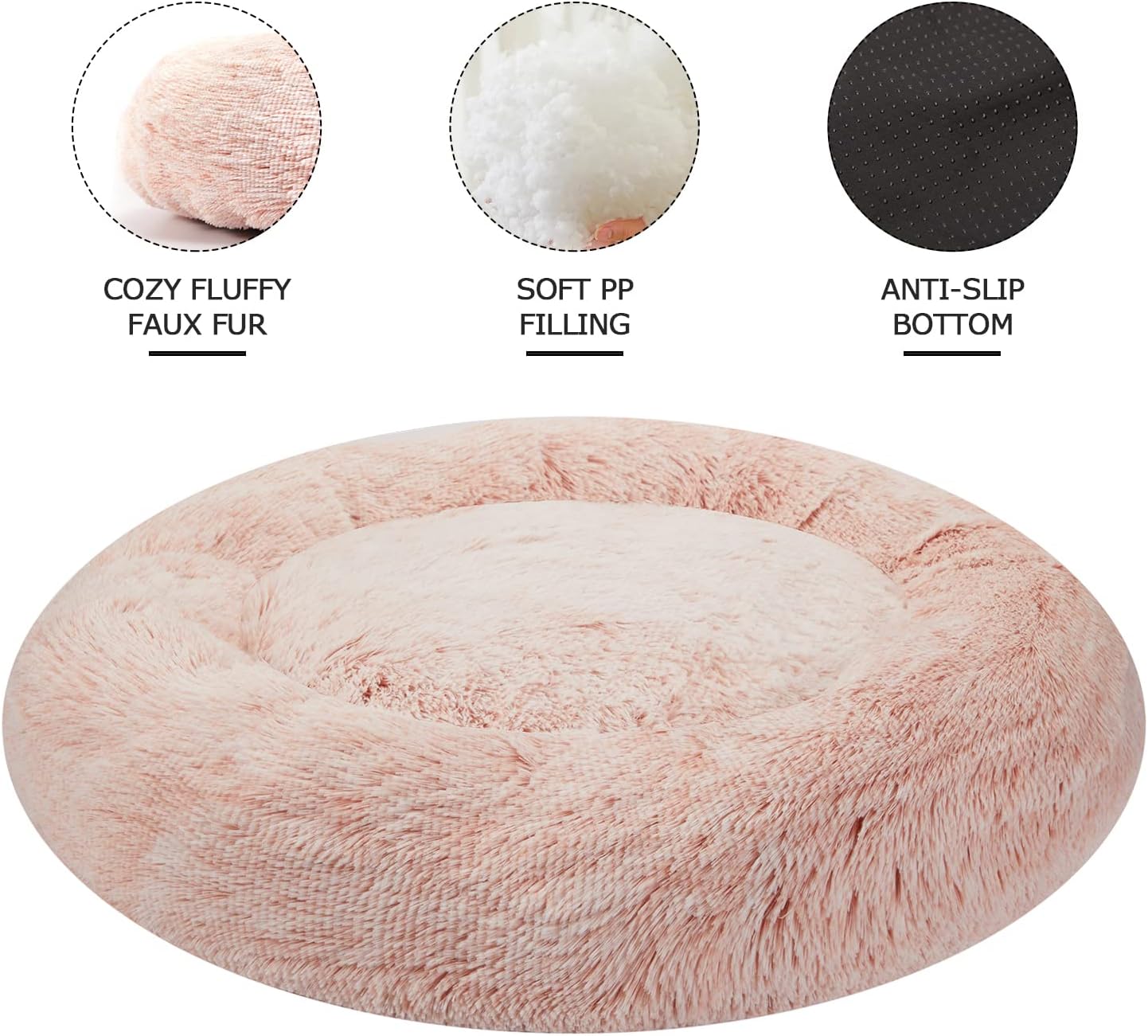 Bedfolks Calming Donut Dog Bed - 36" Round, Fluffy, Anti-Anxiety, Machine Washable Pet Bed (Pink, Large)