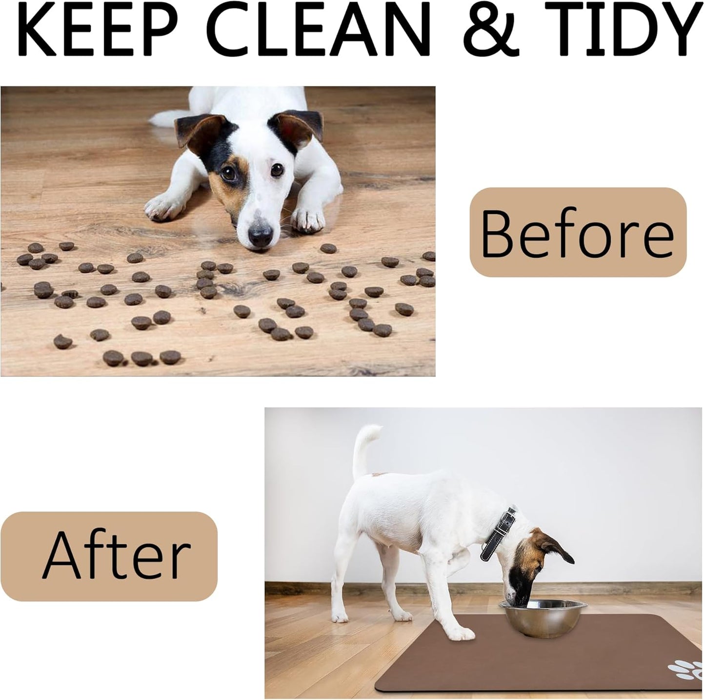 YCT Pet Food Mat for Dogs and Cats - Non-Slip Super Absorbent Feeding Bowl Mat With Footprints Logo - 24 x 16.9 Inches, Brown