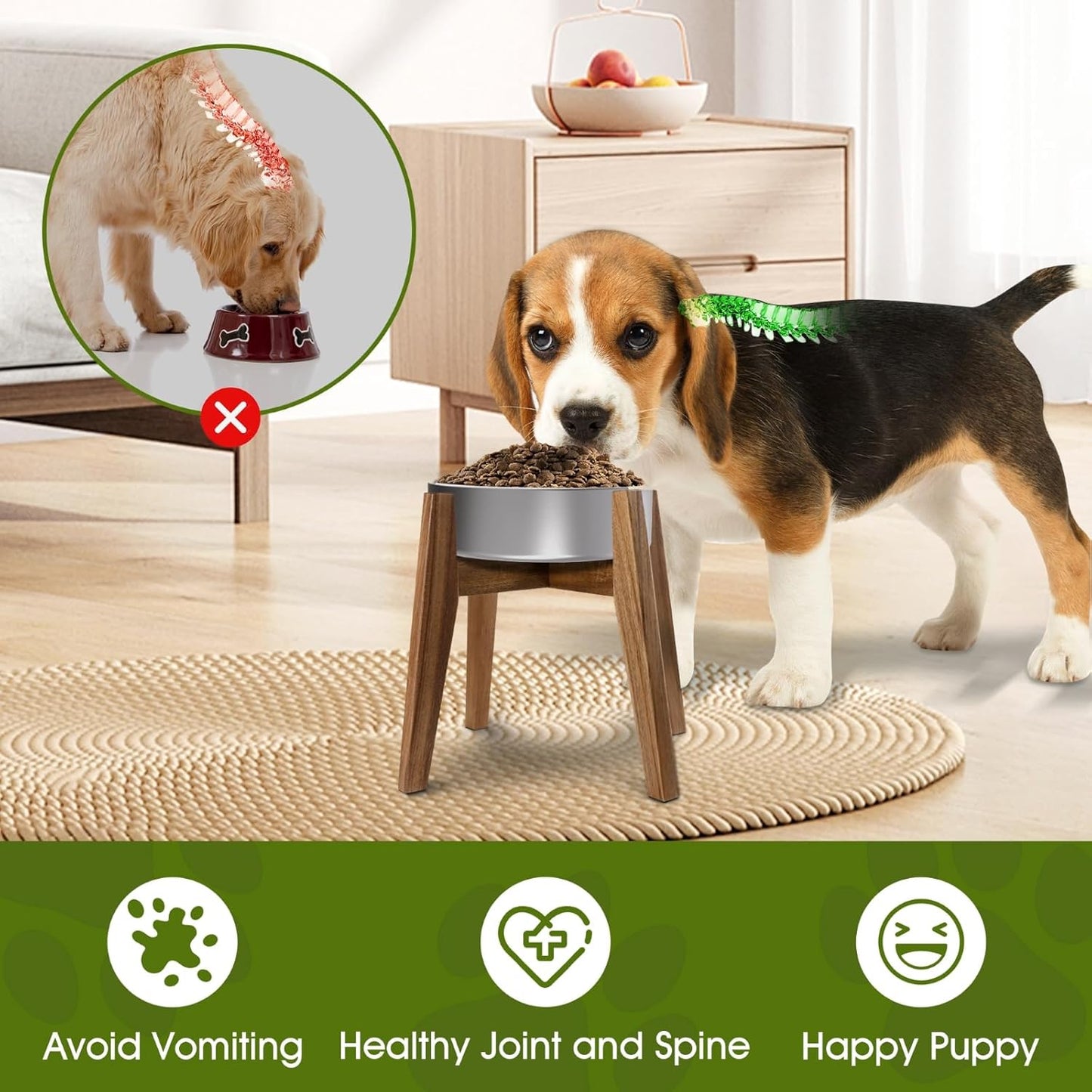 Solid Acacia Hardwood Elevated Dog Bowl Stand, Raised Feeder for Medium & Large Dogs, Fits up to 9″ Bowls, Improves Posture and Reduces Neck Strain, Stand Only