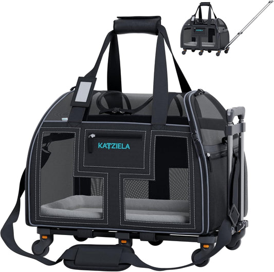 Katziela Rolling Pet Carrier Airline Approved - Pet Carrier with Wheels - Luxury Lorry - Deluxe TSA Approved Cat Carrier with 6 Wheels - Small Airline Approved Dog Carrier Trolley - Plane Carry On Bag
