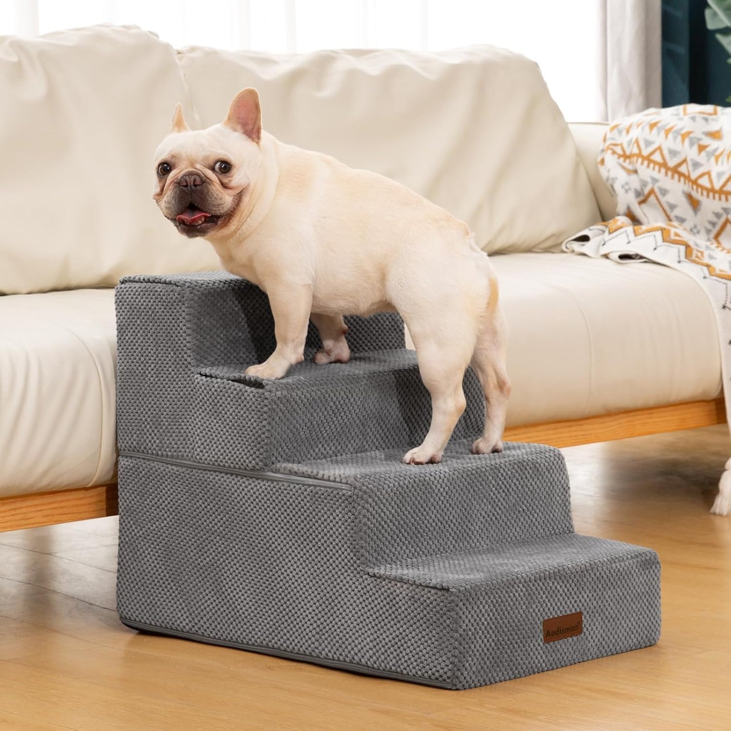 Dog Stairs for Bed 18.5" H, 4-Step Dog Steps for Small Dogs and Cats, Indoor Non-Slip Balanced Pet Stairs are Suitable for Puppy, Older Cat,Gery