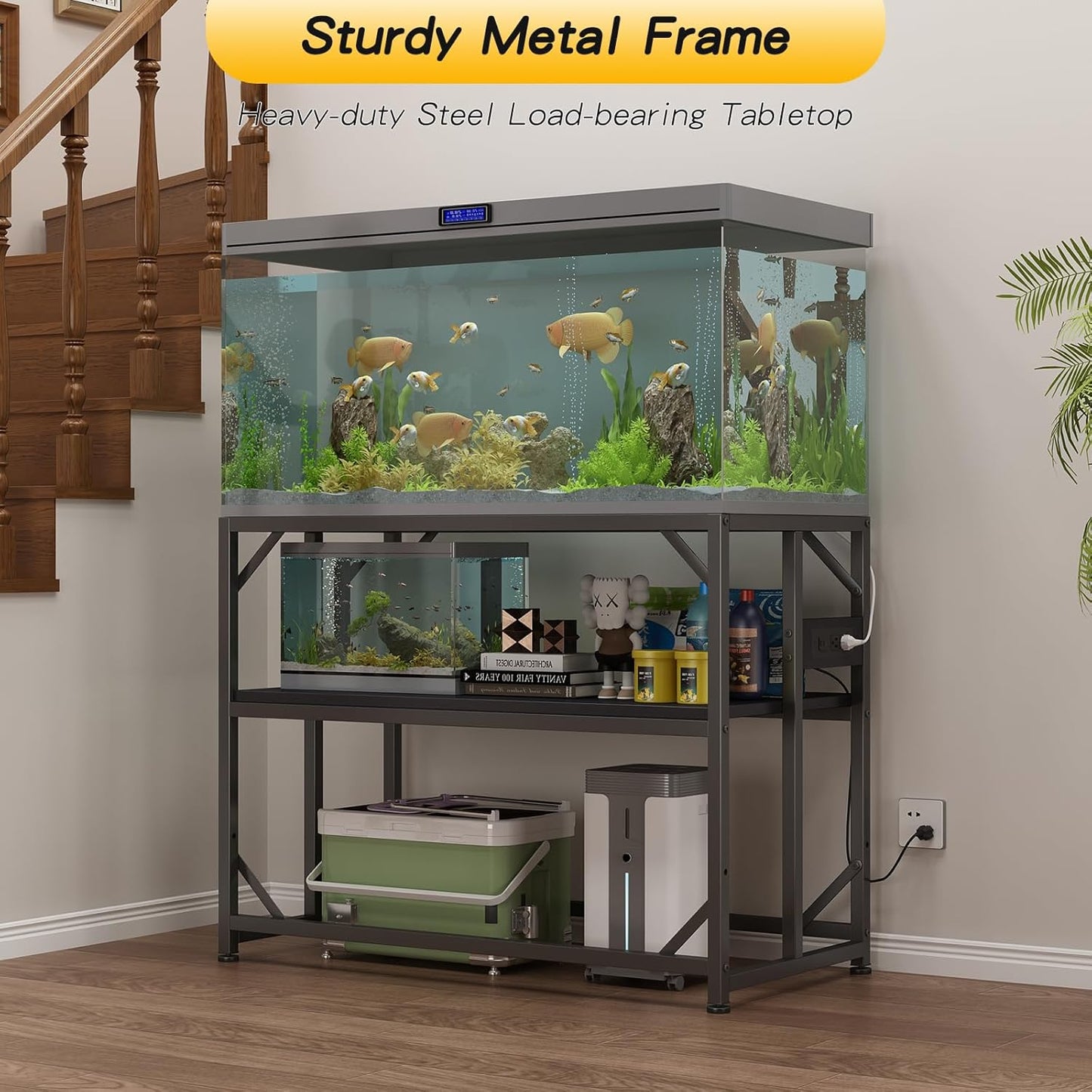 Sturdy Metal Aquarium Stand with Power Outlets, Adjustable Storage Cabinet - 660LBS Capacity, Black - Suitable for 40 Gallon Fish Tank, Turtle Tank, Fish Tank Accessories - Perfect Fish Tank Stand for Organization and Convenience