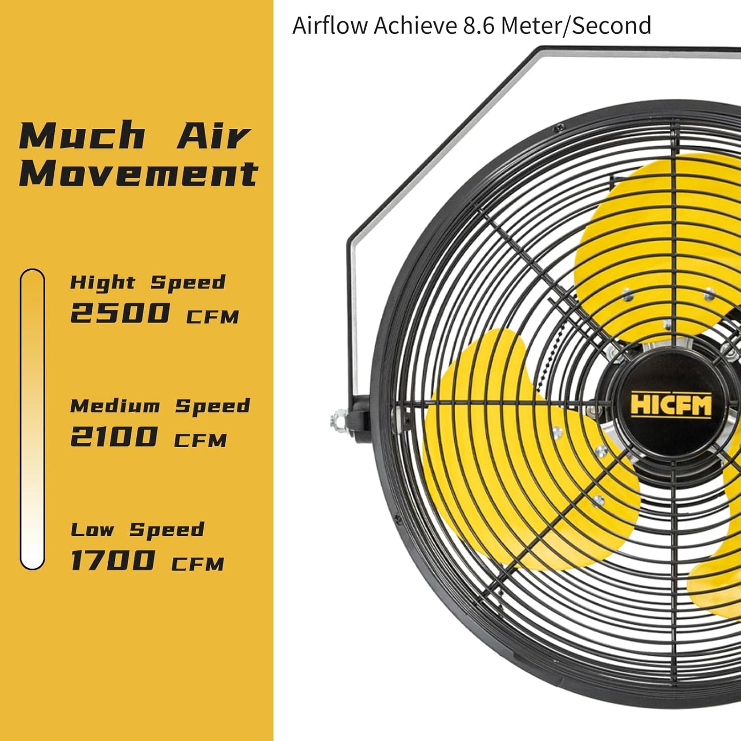 HiCFM 2500 CFM 12 Inch Industrial Wall Mount Fan, 3-Speeds High Velocity Wall fan with IP44 Enclosure Motor for Barn, Garage, Warehouse, Greenhouse and Commercial Use