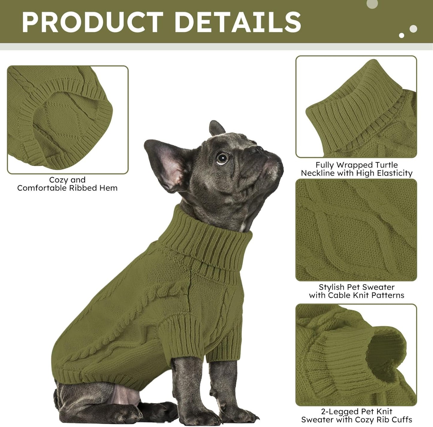 Queenmore Small Dog Pullover Sweater, Cold Weather Cable Knitwear, Classic Turtleneck Thick Warm Clothes for Chihuahua, Bulldog, Dachshund, Pugl,OliveGreen,S