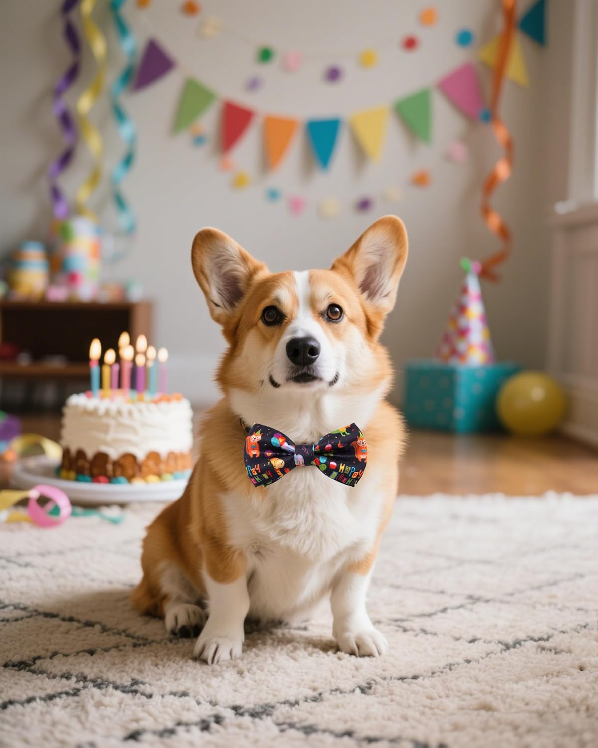 PET SHOW 5 Pack Happy Birthday Big Dog Bow Ties Sliding Collar Attachment Pet Bowties for Medium Large Dogs Party Balloon Cake Bowknots Collar Charms Grooming Accessories