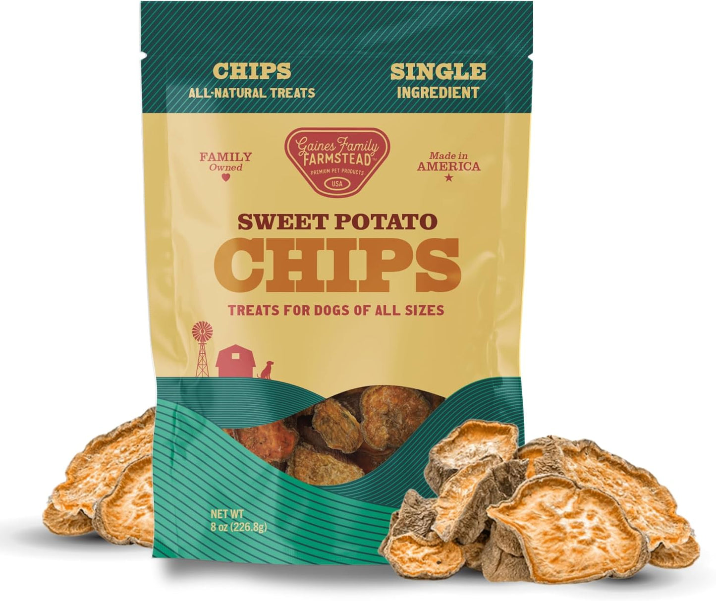 Gaines Family Farmstead Sweet Potato Chips for Dogs - 8 oz Single-Ingredient, All-Natural Dog Treats, Grain-Free & High in Fiber, Made in USA, Crunchy Training Treats