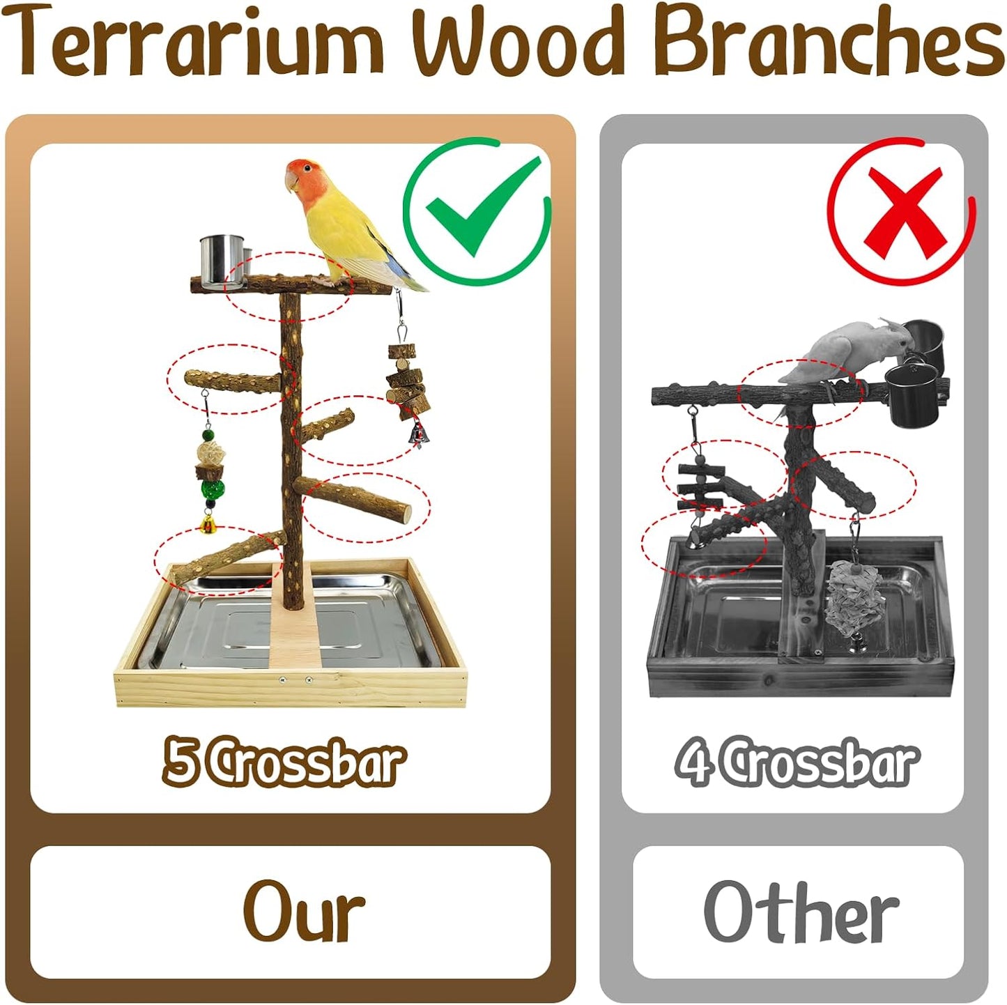 Tfwadmx Bird Perch Natural Wood Stand Toy Parrot Play Stand Platform Bird Cage with Removable Tray and 2 Stainless Steel Cups for Parakeets Canaries Cockatiels Conure Lovebirds
