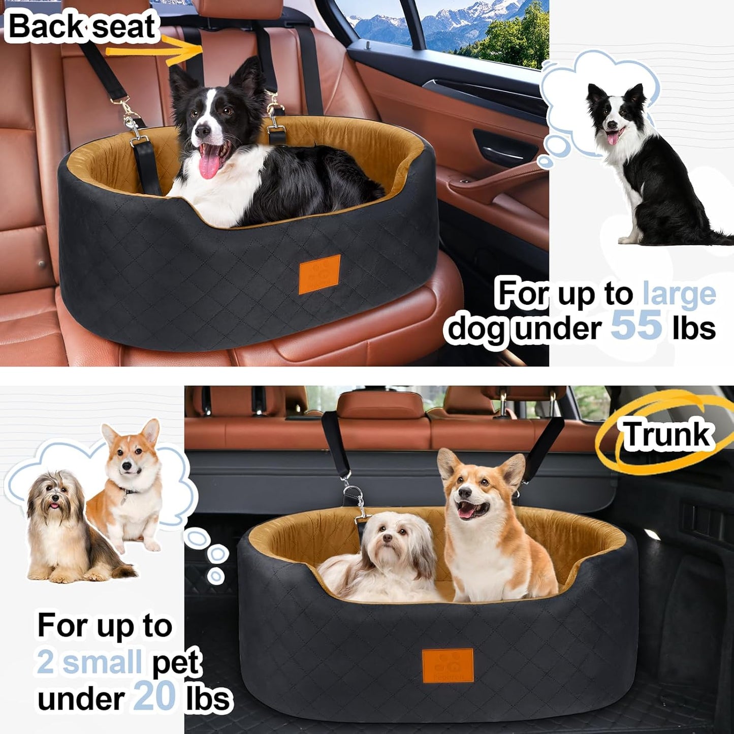 Dog Car Seat for Medium & Large Dogs up to 55 lbs, Elevated Booster Seat with Anti-Slip Base, Detachable & Machine-Washable Pet Car Bed for SUV/Sedan (Black/Brown)