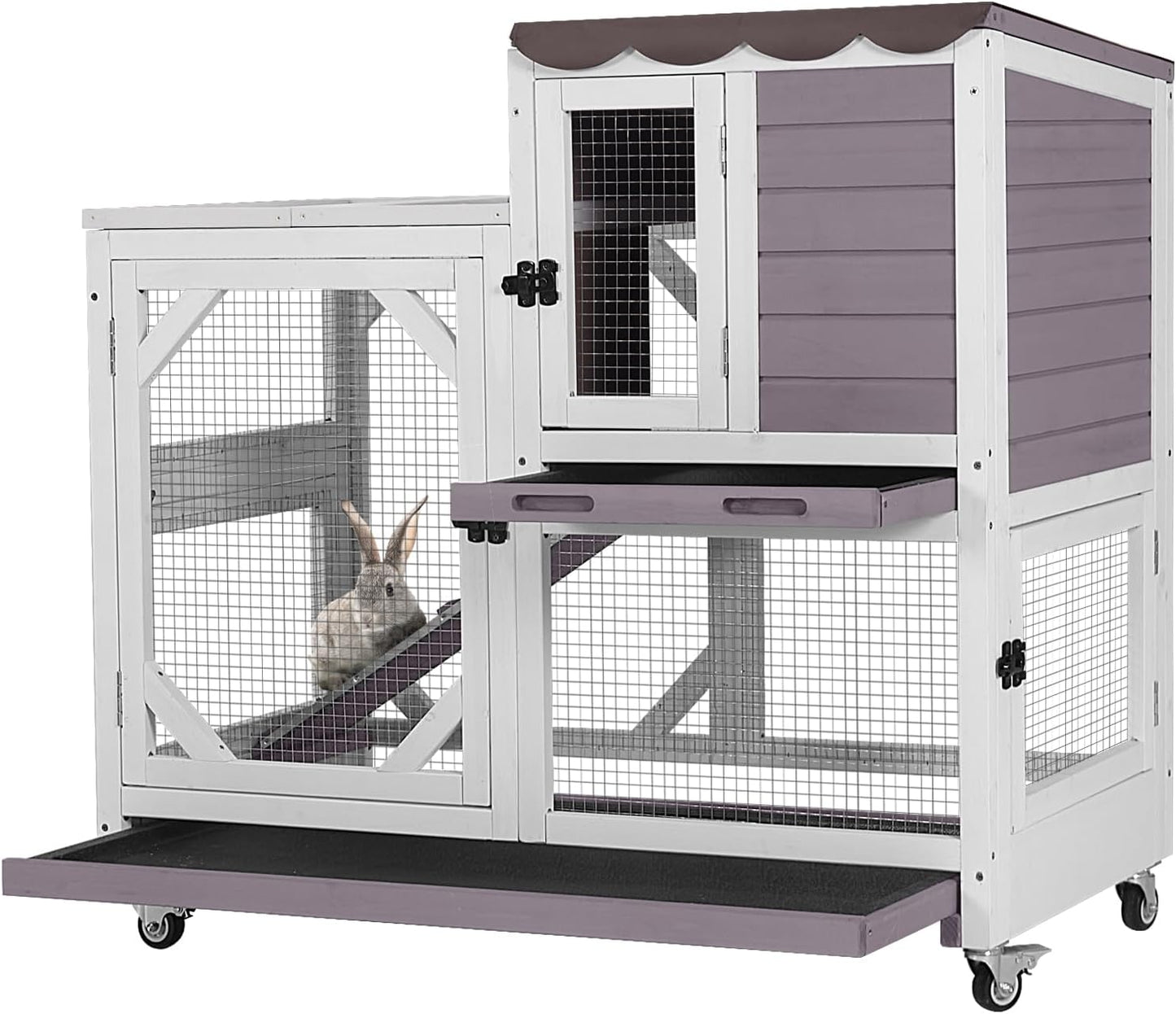 GUTINNEEN Rabbit Hutch Indoor Outdoor 2 Story Bunny House on Wheels Wood Rabbit Cage with 2 Pull Out Trays Guinea Pig Cage (Gray)