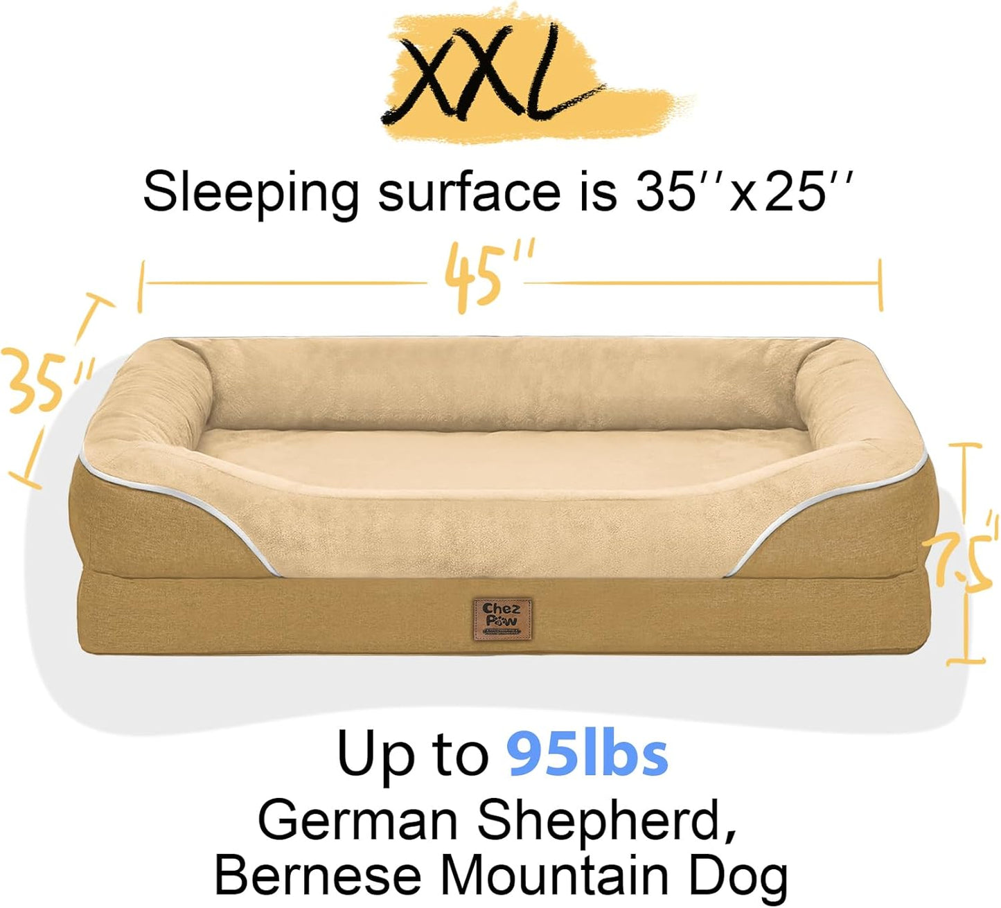 Washable Orthopedic Large Dog Bed -XL Large Dog Bed with Removable & Waterproof Cover Pet Beds with Foam Support for Big Size Dogs with Bolster