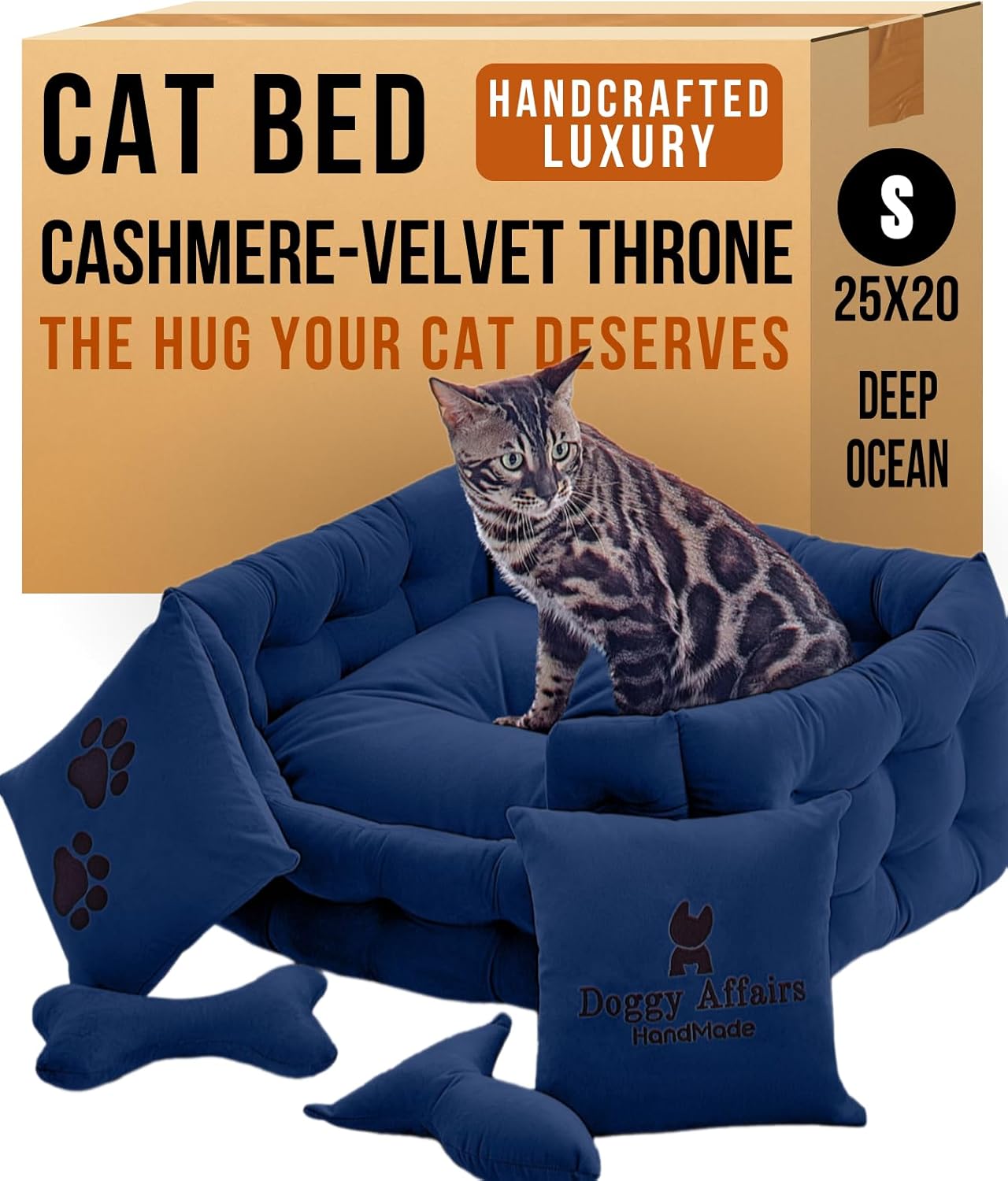 Luxury Cat and Dog Bed Chesterfield – Handcrafted Velvet Throne for Dogs | Joint Support, Calming & Temp-Regulating Comfort | Durable 5+ Years, Anti-Claw, Washable 100+ Times – S, Blue