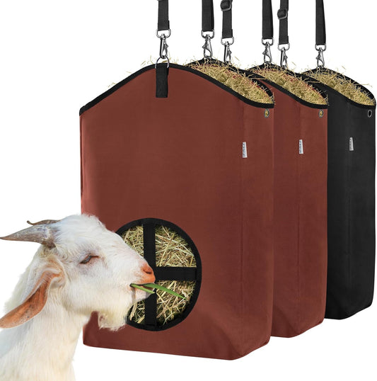 3 Packs Goat Hay Feeder,Hay Bags for Goats,Horses,Sheep,Premium 600D Oxford Cloth,with Metal Fastener and Adjustable Open Feed Hole for Slow Feeding. (2Brown + 1Black)