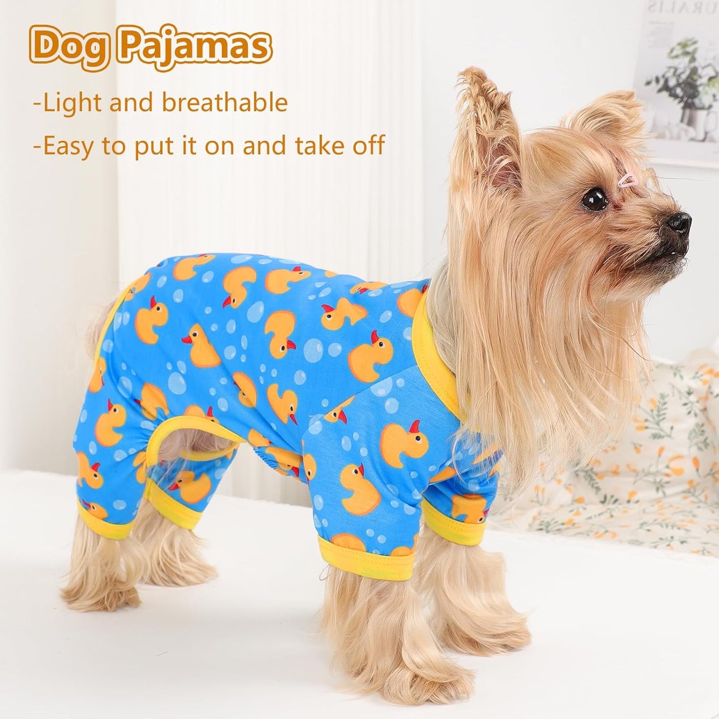 Dog Pajamas Small Sized Dogs Stretchable Summer Dog Clothes Pjs 4 Legs Girl Boy Cute Soft Puppy Outfits Doggie Cat Jammies Jumpsuit Sleeper for Pet, Blue Duck, XS
