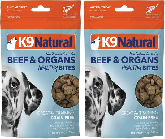 K9 Natural, Freeze-Dried Single Ingredient Dog Treats, High-Value, Low-Calorie Protein Bites for Active Dogs, Healthy Dog Training Treats, Grain-Free Reward, Beef & Organs, 1.76oz (Pack of 2)