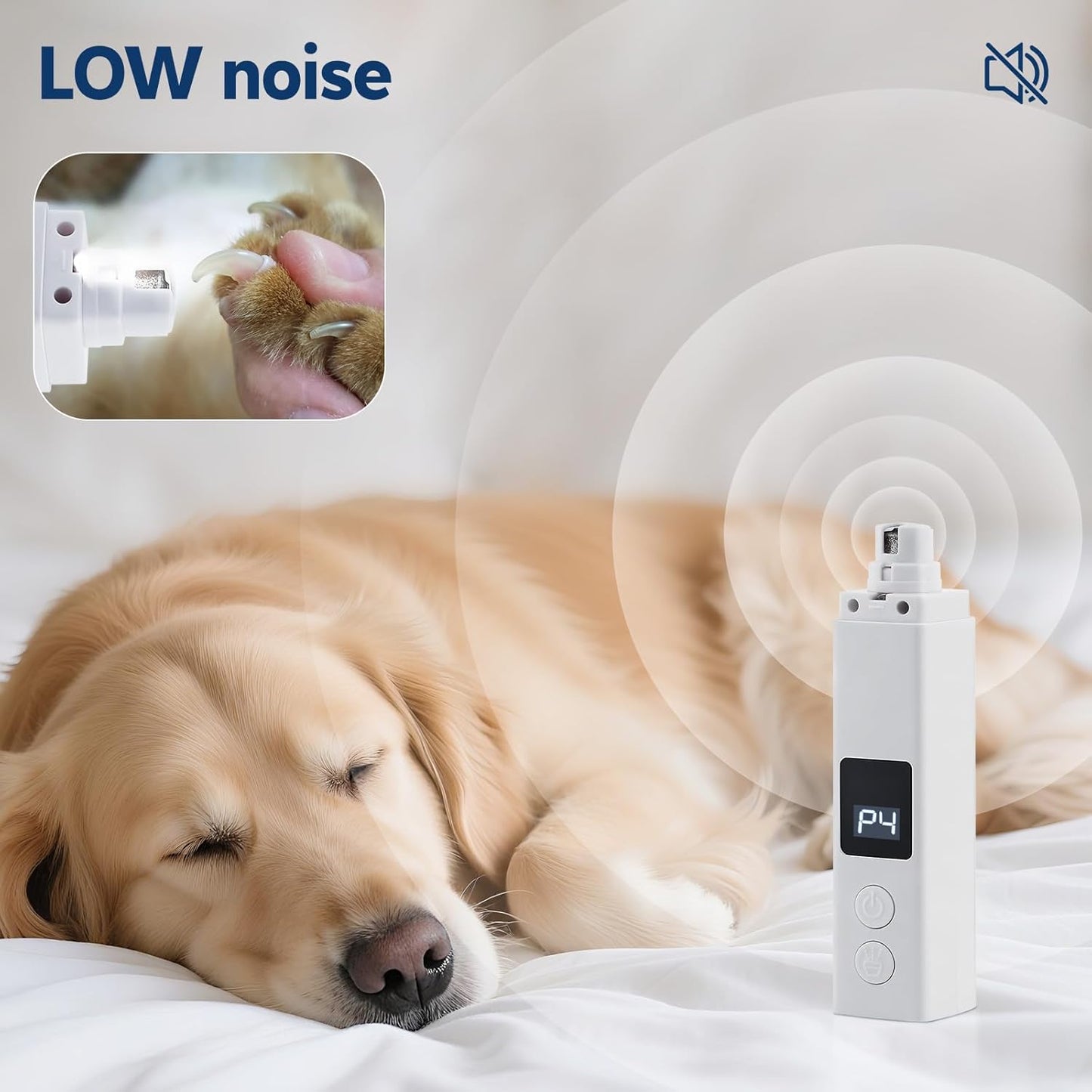 Dog Nail Grinder with 4-Speeds,Pet Claw Trimmers with 2 Modes Lighting UV, Nail Clippers for Small Medium and Large Dogs and Cats, Animal Nail Care,Grooming (White)