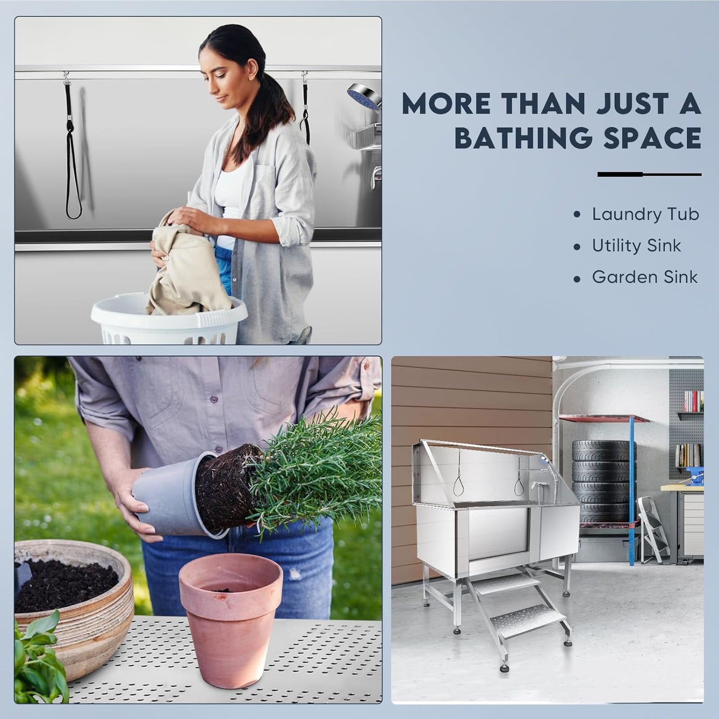 Dog Bathtub XL Professional 62inch Dog Washing Station Stainless Steel Pet Grooming Tub for Extra Large Dogs Wash Tub, Medium, Small Dogs Cats with Left Sliding Doors, Steps, Right Faucets