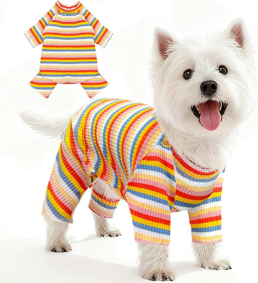 BAEJMJK Striped Dog Pajamas Stretchy Cute Four-Legged Boy Girl Dog Clothes with Sleeves Comfortable Dogs Jumpsuit Colorful Pet Puppy Outfits Apparel for Small Medium Dogs Cats(Yellow,XX-Large)