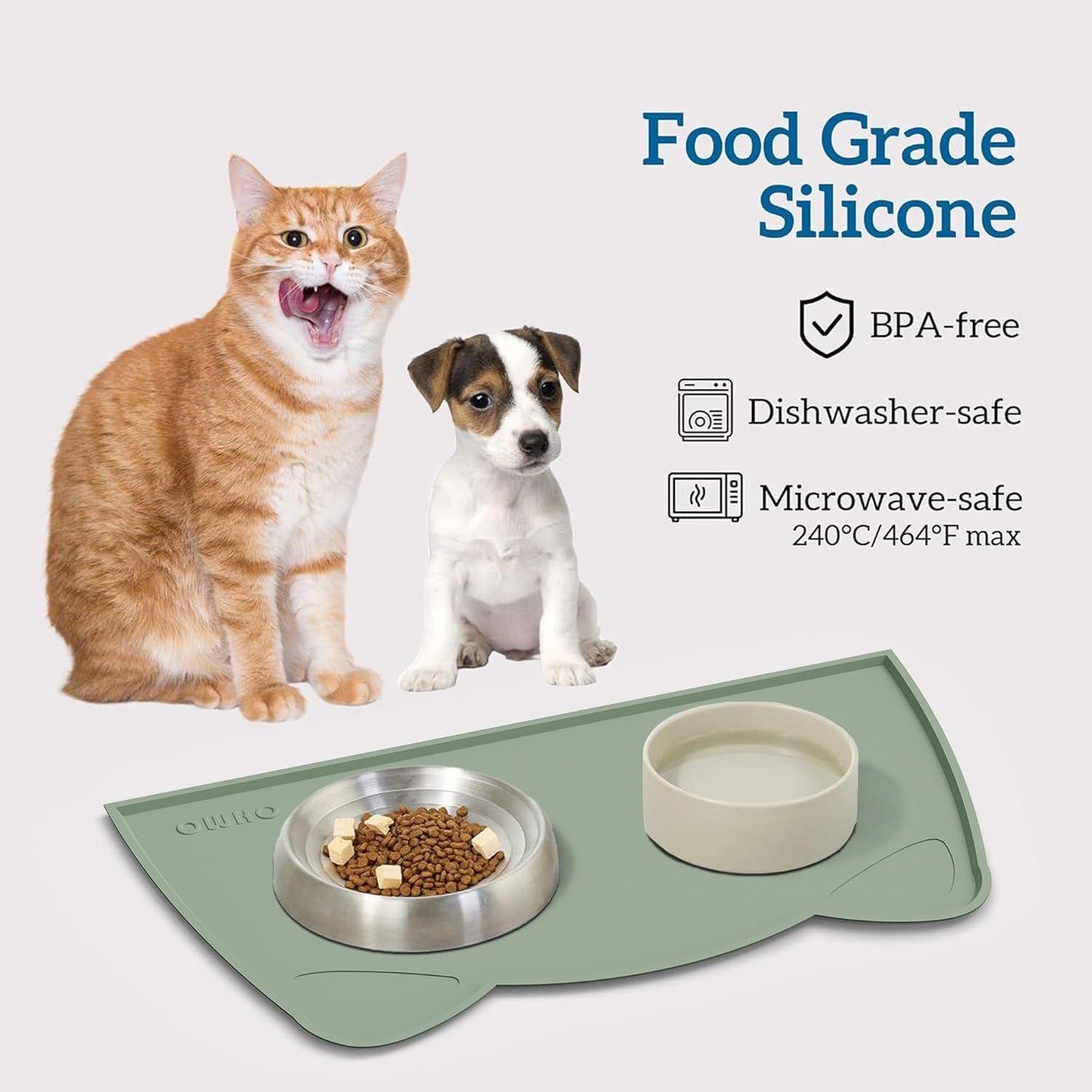 OHMO - Cat Food Mat, Silicone Pet Feeding Mat for Floor Non-Skid Waterproof Dog Water Bowl Tray, Easy to Clean Pet Placemat (Sage Green, 20 * 12'')
