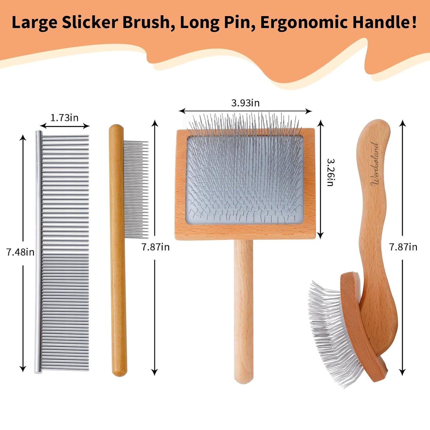 Ergonomic Slicker Brush for Long-Haired Dogs - Wooden Handle, Long Pins for Grooming Goldendoodles