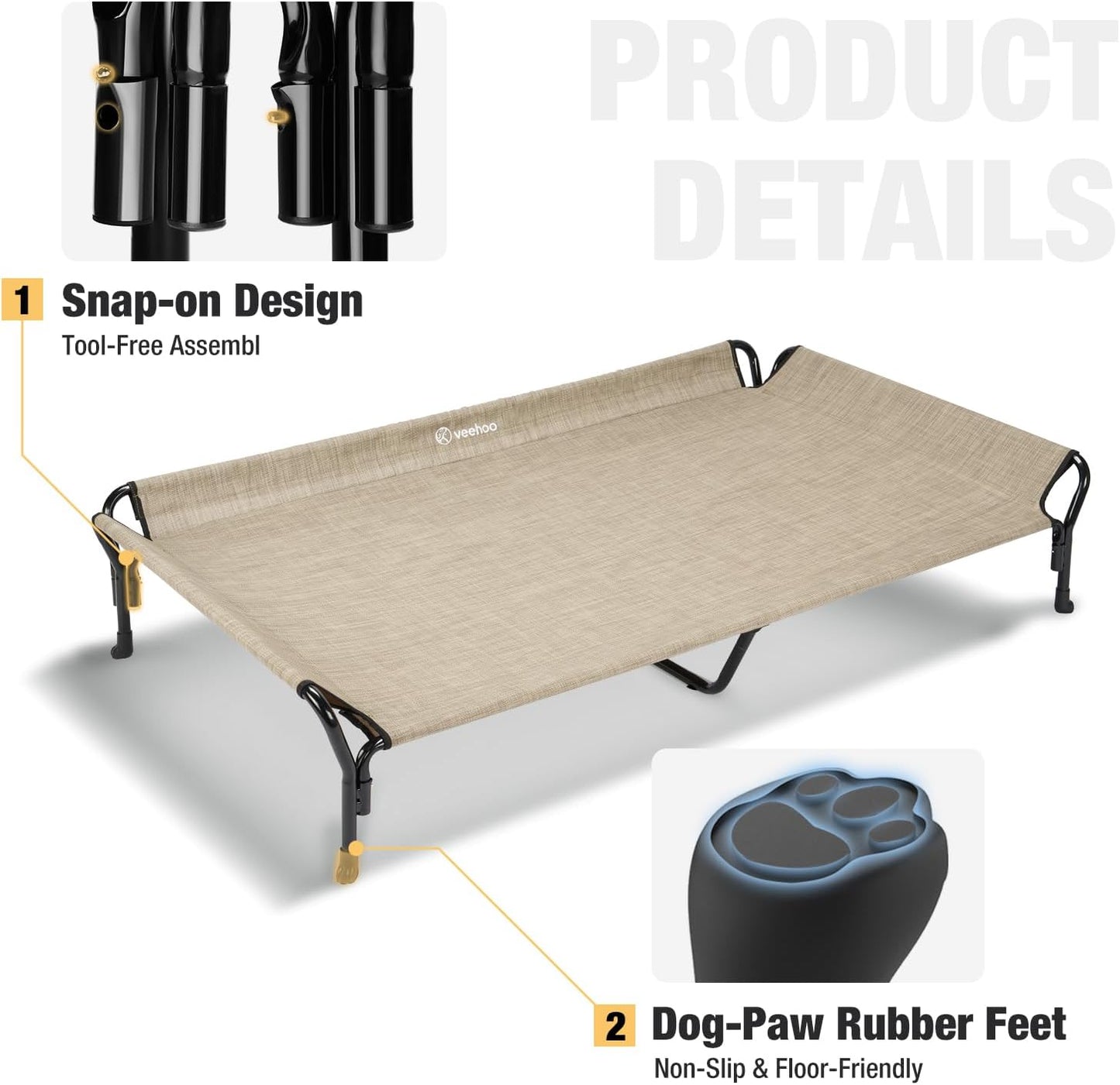 Veehoo Cooling Elevated Dog Bed, Guardrail Raised Pet Cot, Indoor & Outdoor XXL Pet Bed with Washable & Breathable Teslin Mesh, Non-Slip Feet, Dog Couch Bed, 62.5" x 37", Beige Coffee