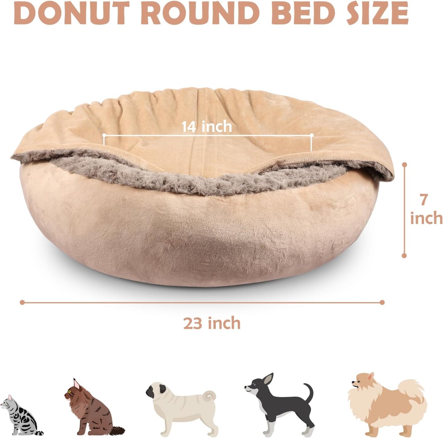 JOEJOY Small Dog Cat Bed With Hooded Blanket, Cozy Cuddler Luxury Puppy Pet Donut Round Calming Anti-Anxiety Burrow Cave - Anti-Slip Bottom, Machine Washable, 23 Inch