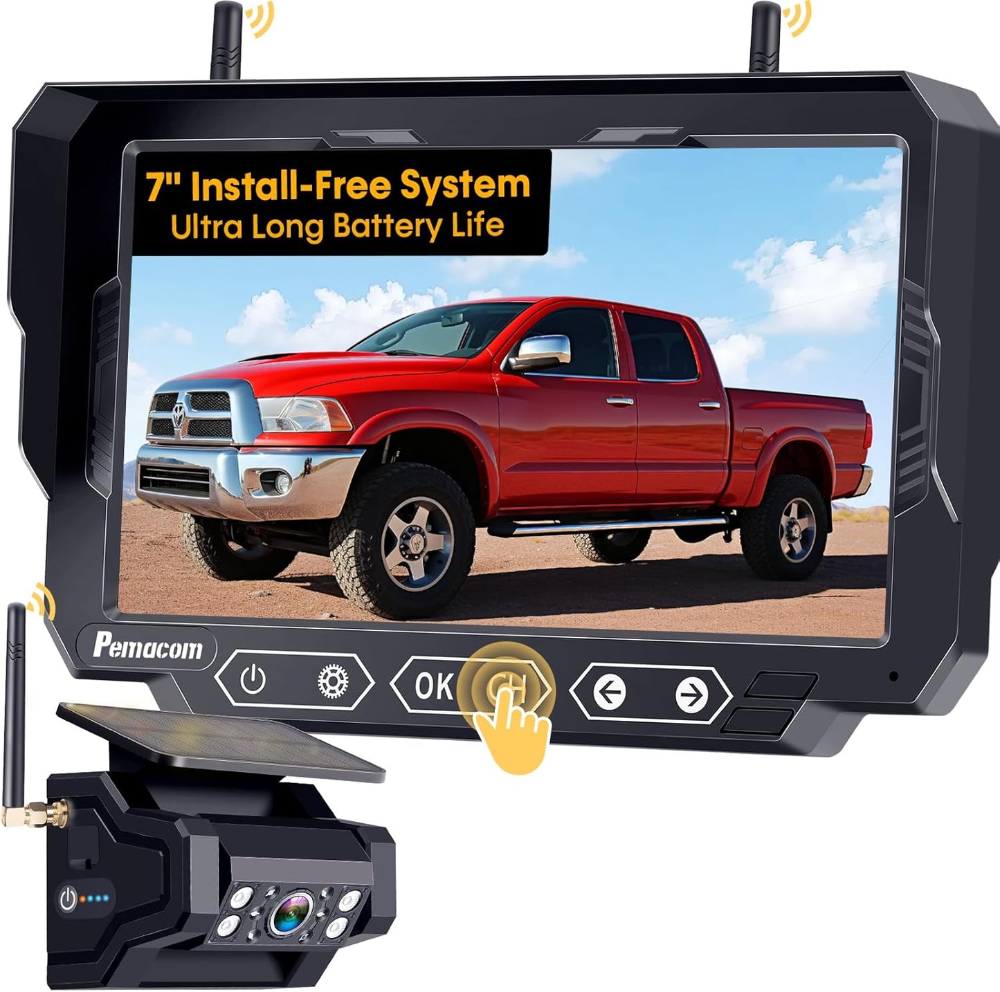 Magnetic Solar Wireless Backup Camera: 7" Portable 1 Min Easy Install Scratch-Proof No Delay Backup Camera for Truck Rechargeable HD 1080P for Trailer Small RV Camper Pemacom P15