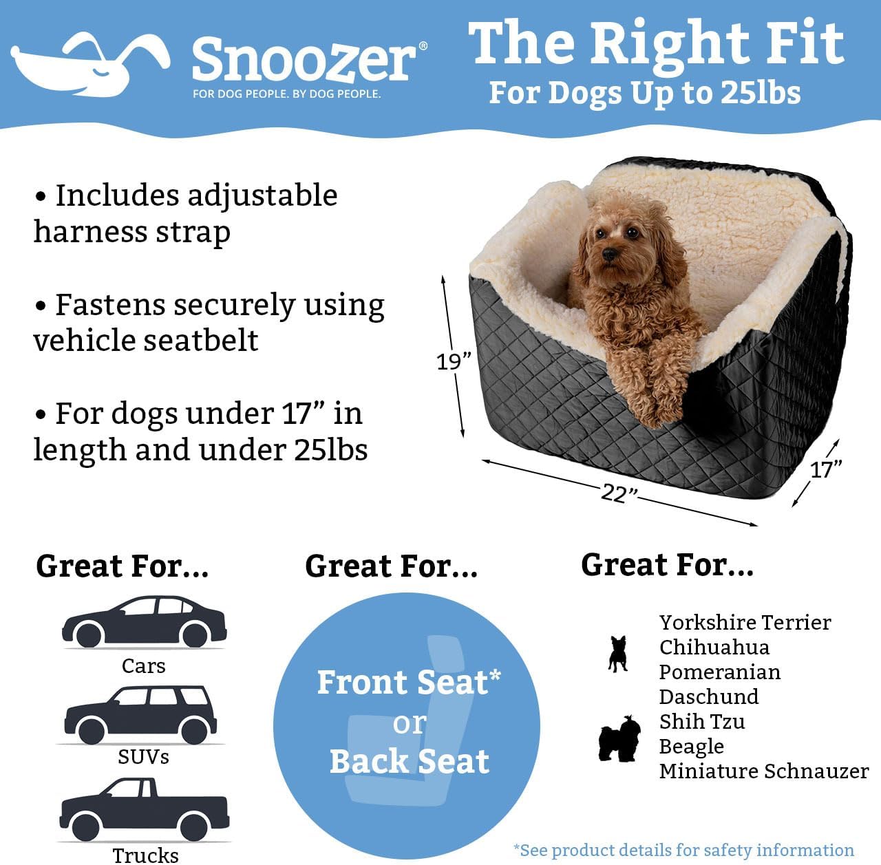 Snoozer Lookout I Dog Car Seat - Small Dog & Puppy Car Seat, Booster Bed for Small & Medium Size Pets up to 25 Lbs, Elevated, Washable - Medium