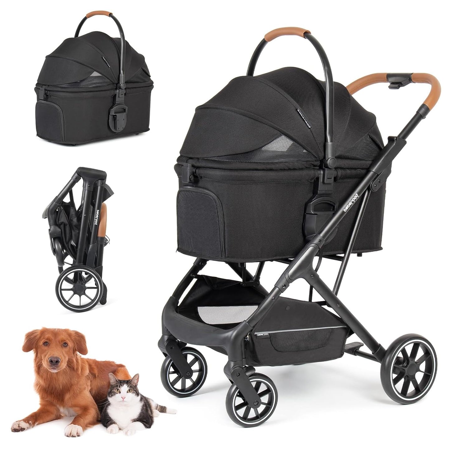 T6 Luxury Pet Stroller for Medium Dogs Up to 66lbs or 2 Small Pets – 3-in-1 Dog & Cat Stroller with Removable Carrier, Foldable & Lightweight (Black)