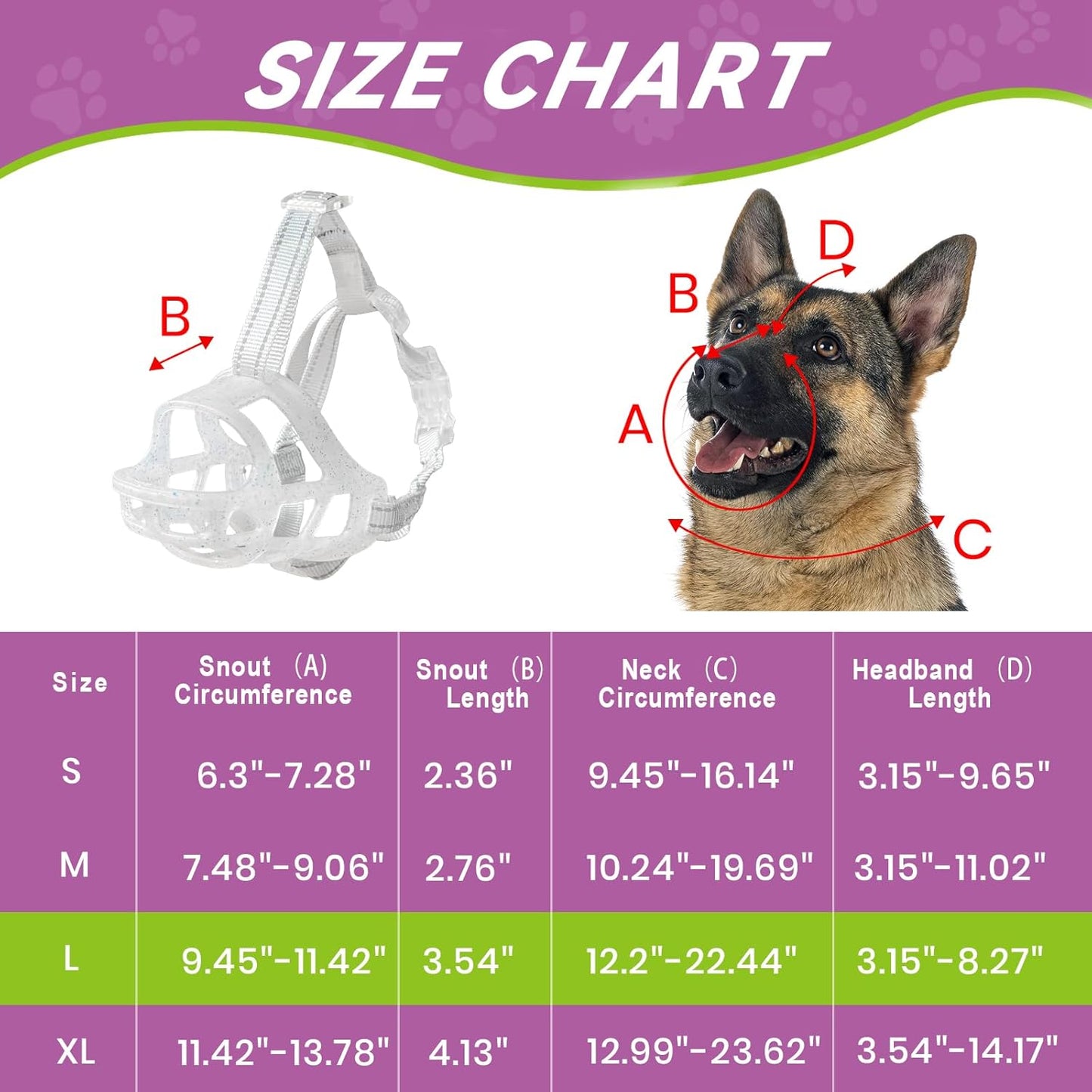 Glow-in-The-Dark Dog Muzzle, Basket Muzzle for Small Medium Large Dogs,Anti-Biting Chewing, Lightweight Cage Design,Allows Drinking & Panting,for Grooming & Training (Transparent Size L)